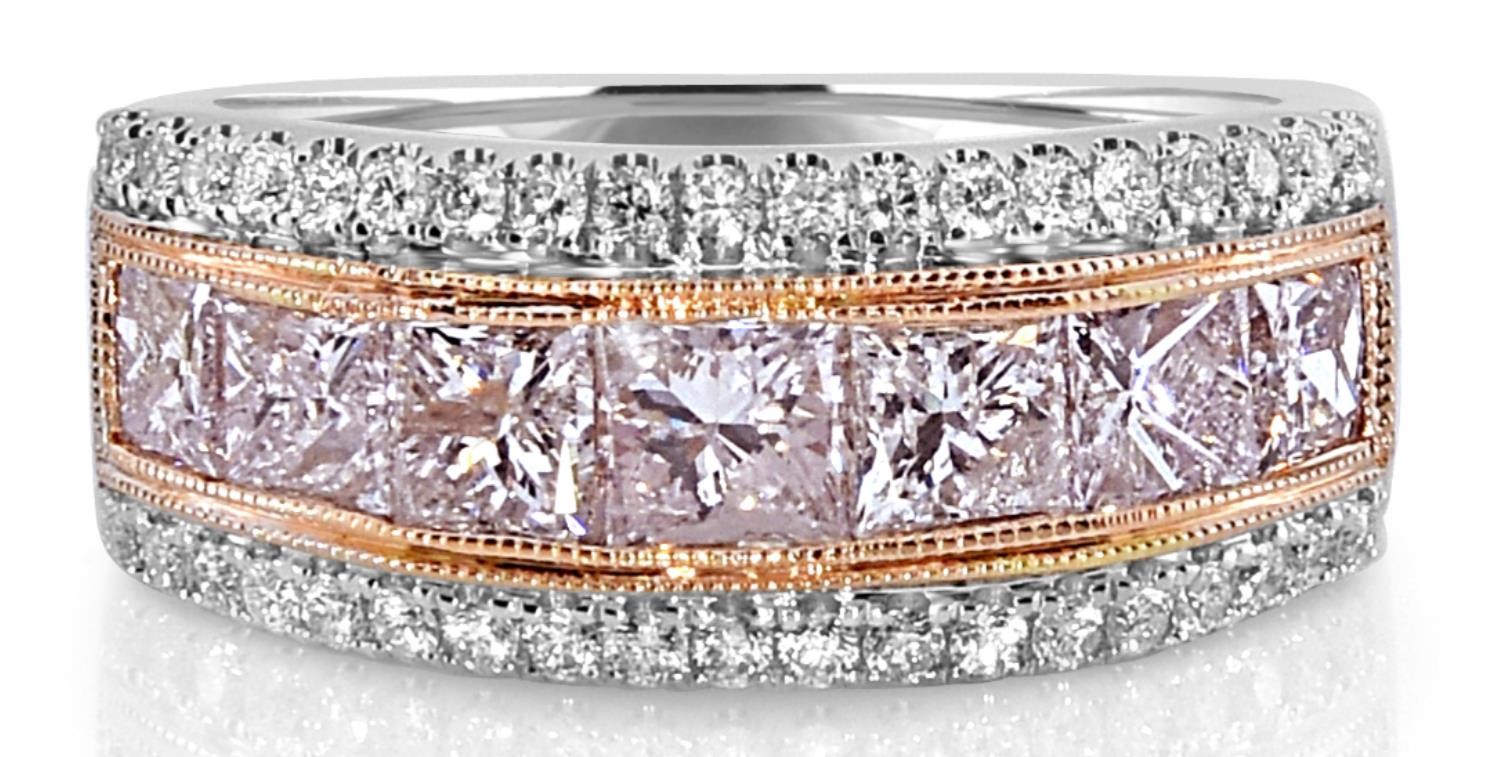 WIDE 2.37CT WHITE & PINK DIAMOND 18K WHITE & ROSE GOLD PRINCESS ANNIVERSARY RING