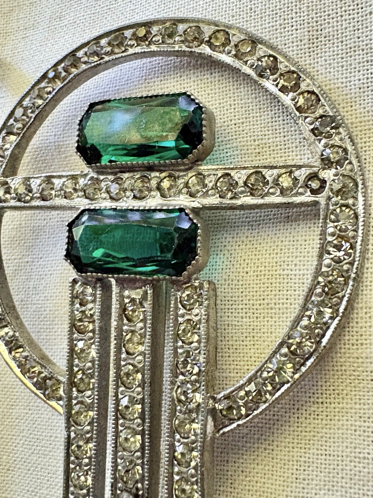 Vintage Art Deco Silver Tone Green Rhinestone Circle Cascade Brooch c1930s