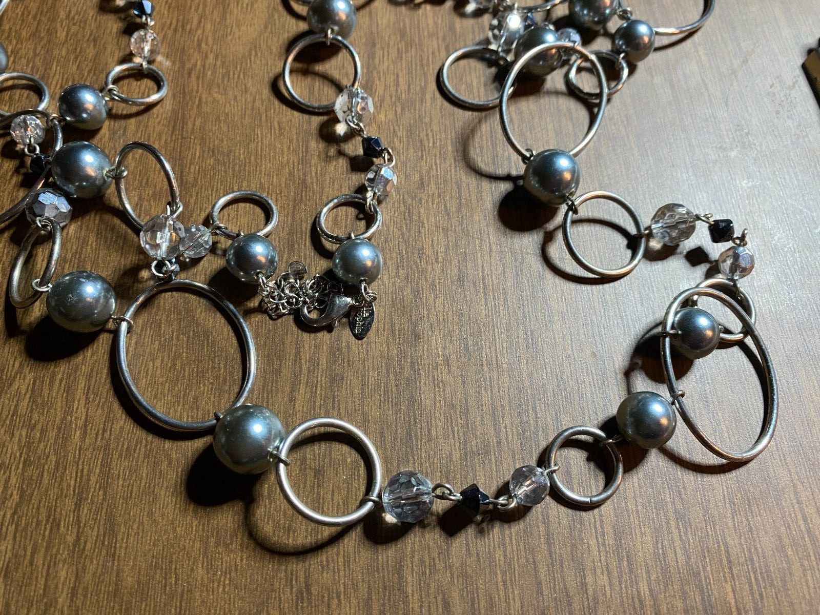 Lia Sophia Silver Tone Lucite & Crystal Acrylic Faux Black Pearl Necklace 46+”