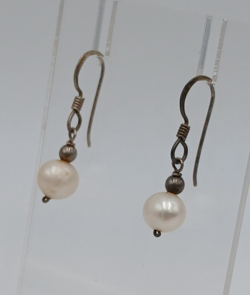 VTG 7mm Pearl Dangle Earrings 1in Drop Sterling Silver French Wire 1.43g Estate