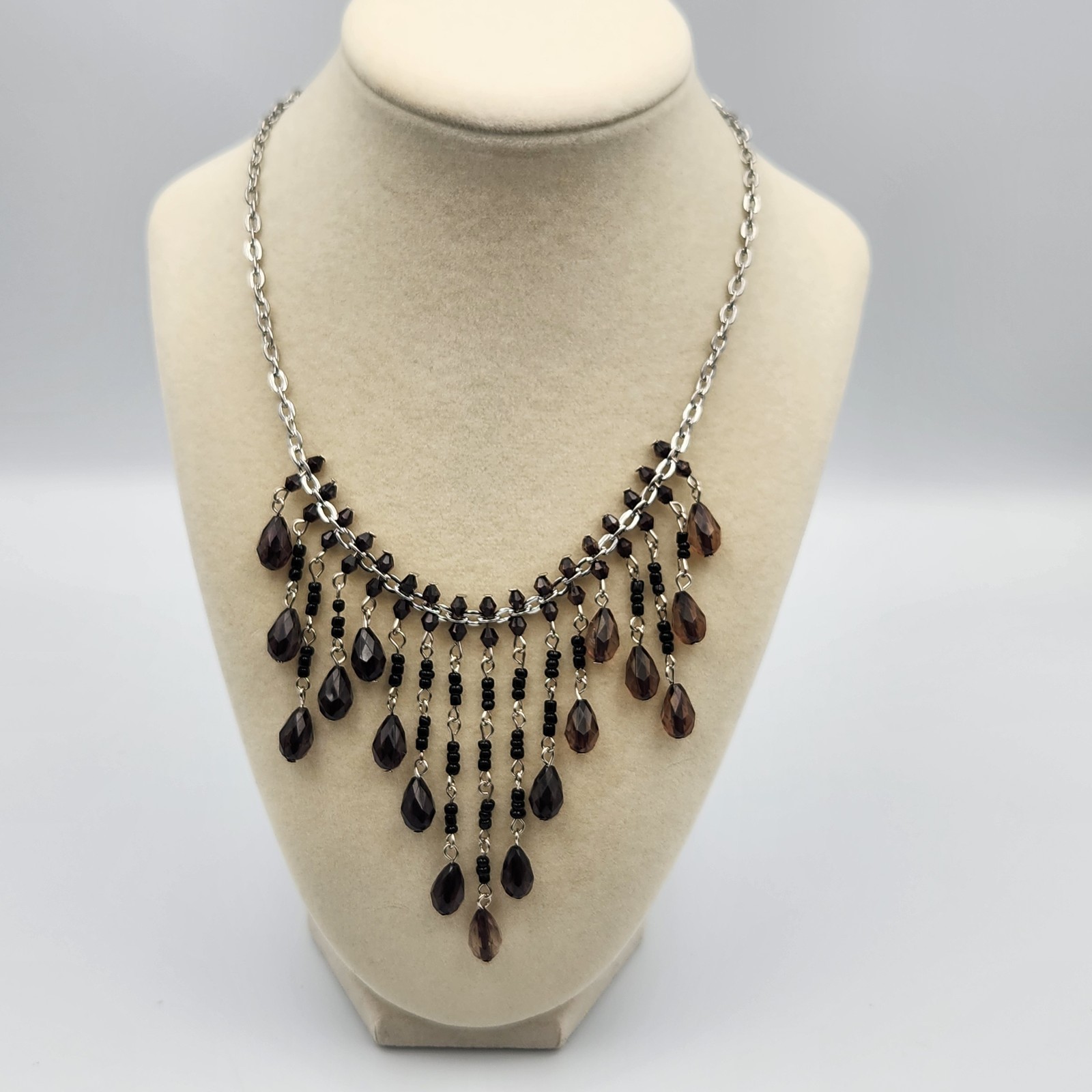 Vintage Style Silver Tone Chain with Black Rhinestones Beads Bib Necklace