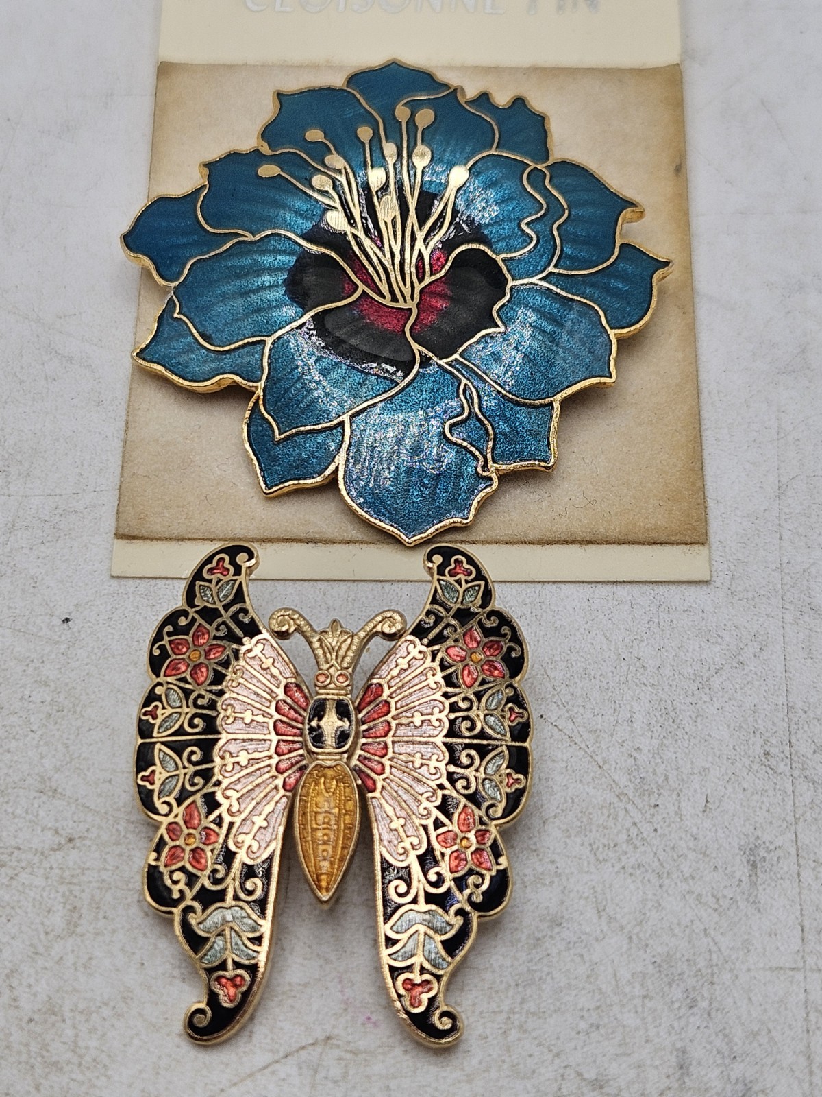 Vintage Cloisonne Brooch Lot Of 2, 1 Flower, 1 Butterfly. Unmarked