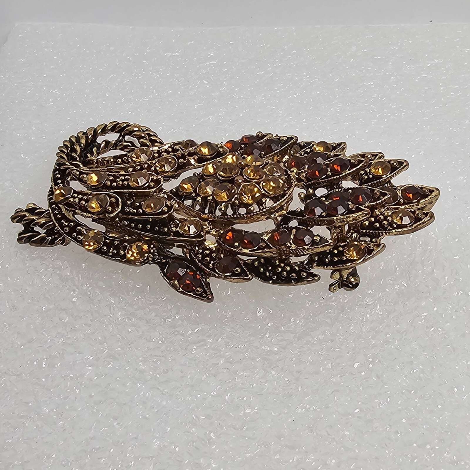 Vintage Yellow Brown Crystal Rhinestone Floral Big Brooch Pin Pendant Gold Tone