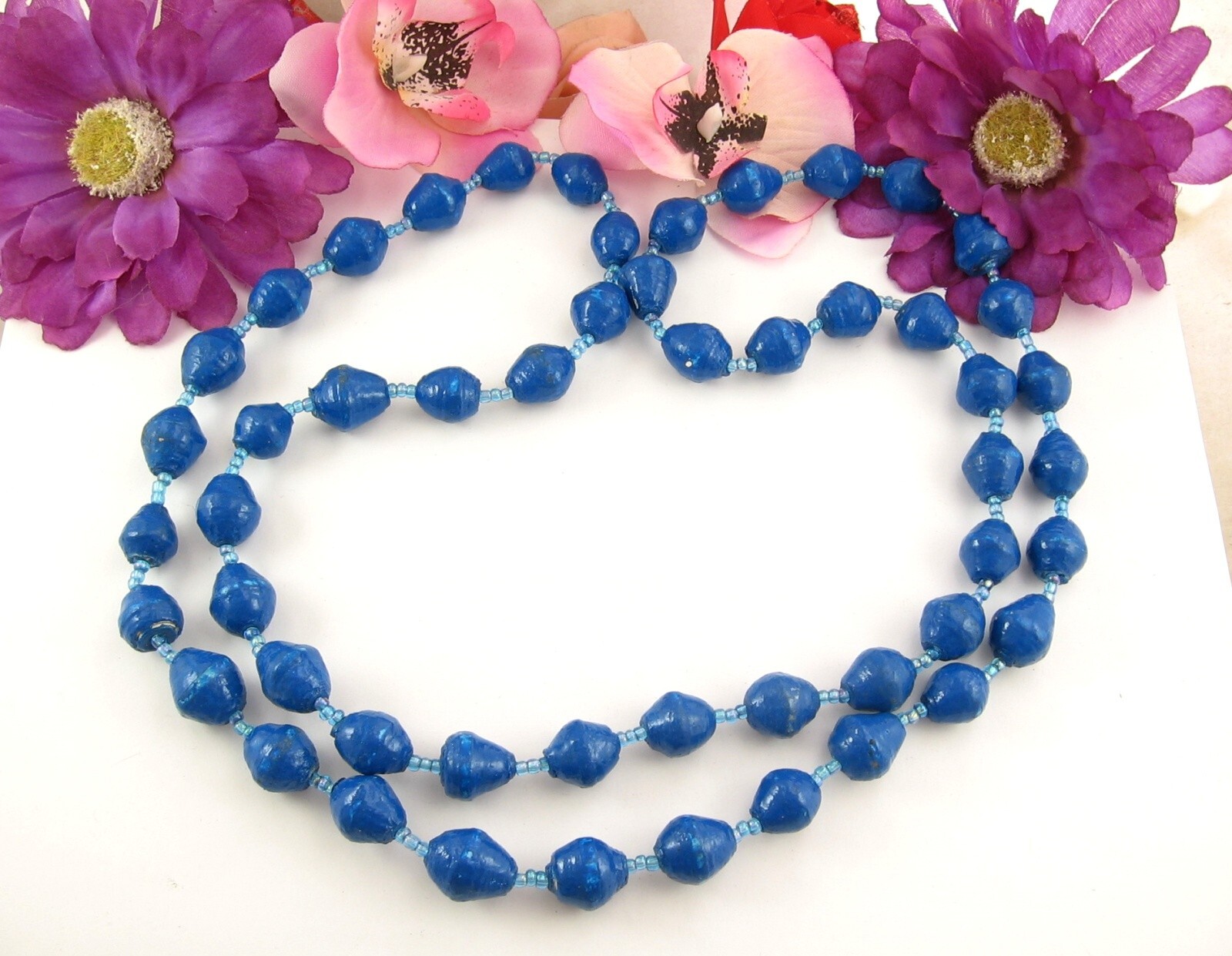 ODD BRIGHT BLUE BEADS Vintage Handcrafted Coated Bicone Beaded Necklace 44″