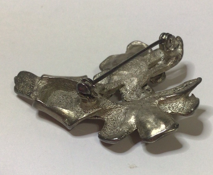 Pewter Flower With Clear Rhinestone Brooch Pin 2 Inches Long Vtg