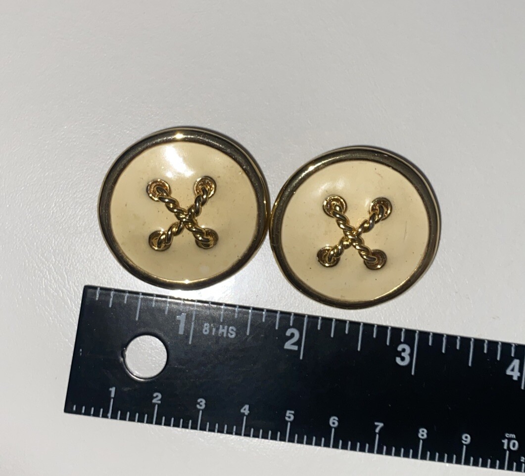 Vintage Clip On Off-White Button Enamel Earrings With Gold Trim Nautical Costume