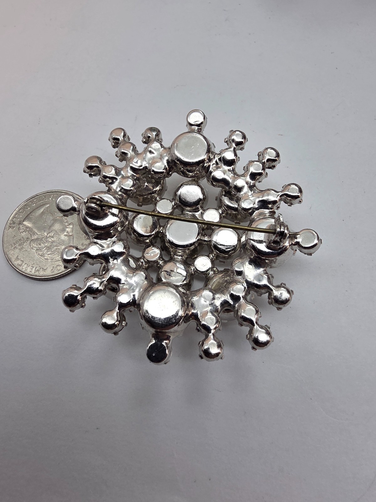 Amazing Large Clear Prong Set Layered Silver Tone Metal Snowflake Brooch Vintage