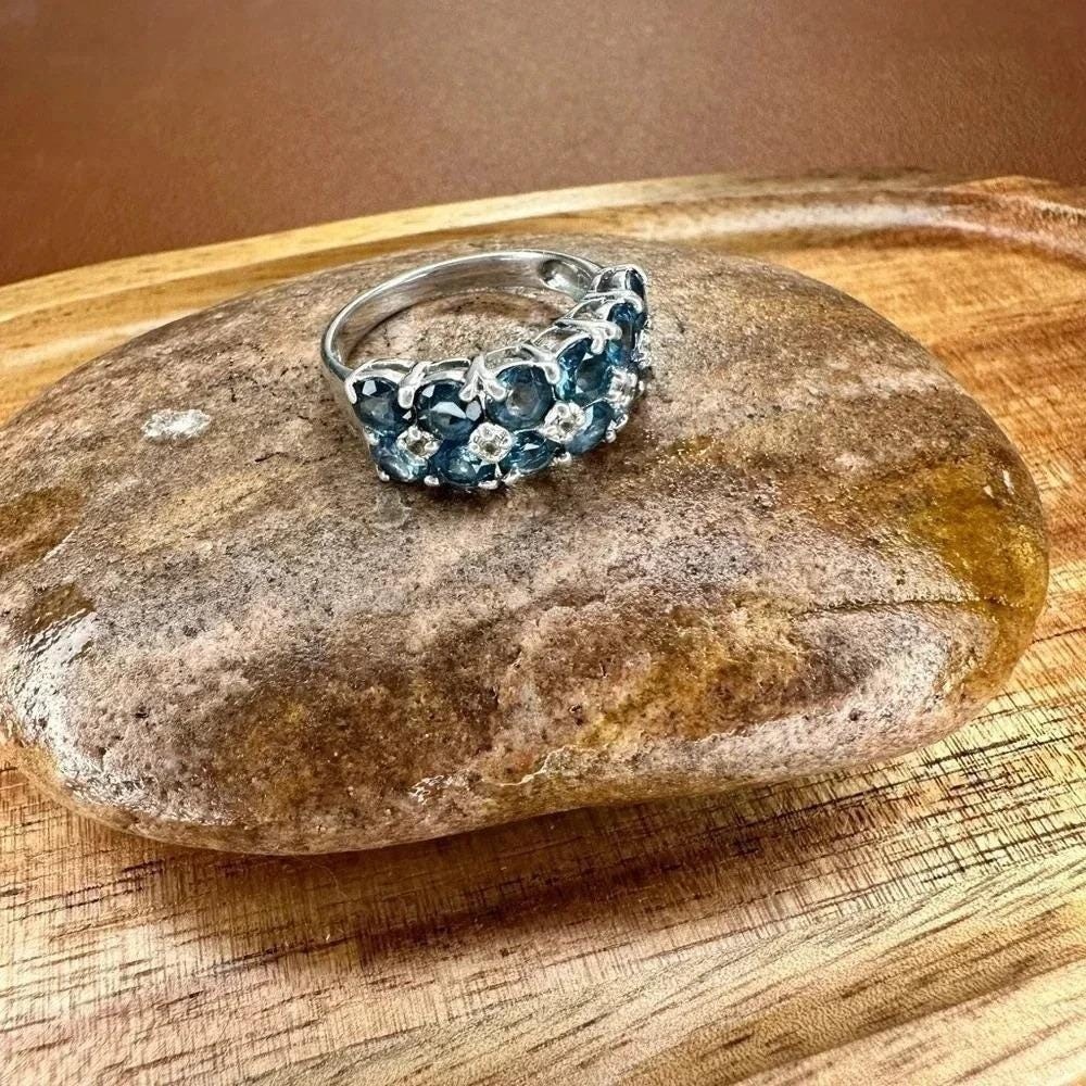 Natural Blue & White Topaz Sterling Cluster Band Size 8