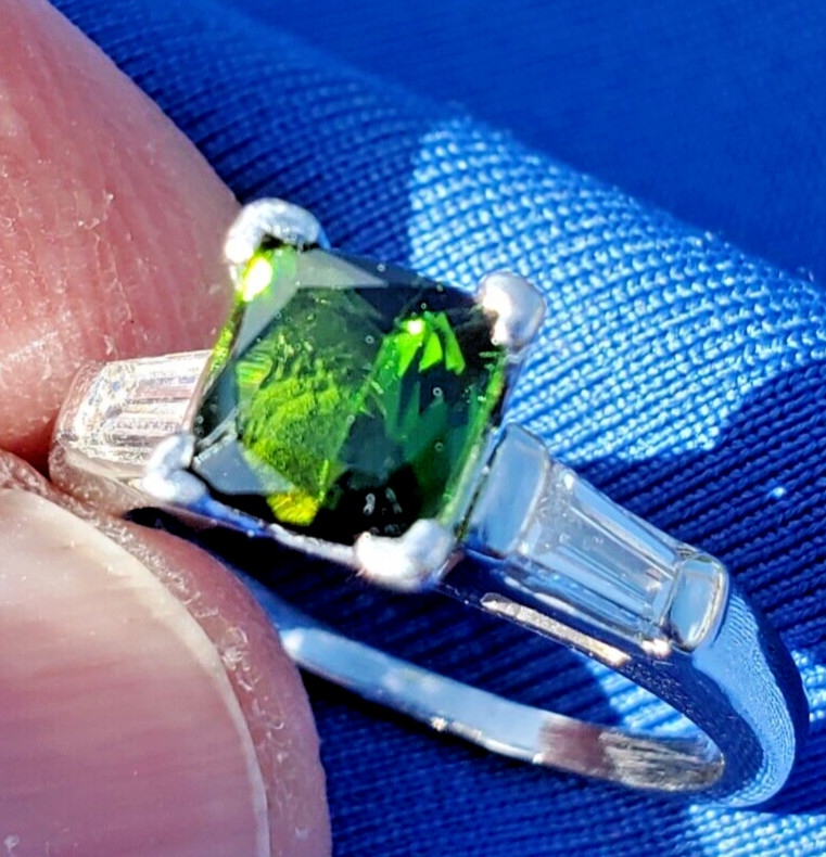 EARTH MINED TOURMALINE DIAMOND Deco Engagement Ring ORIGINAL PLATINUM Solitaire