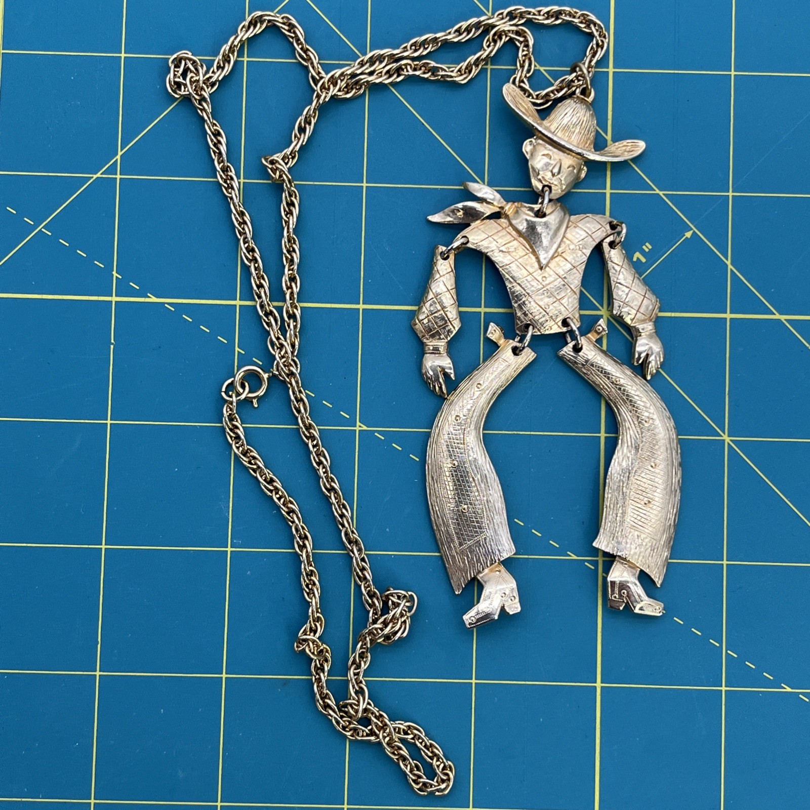 Vintage Gold Tone 4.25” Articulated Bow Legged Cowboy Pendant 24” Chain