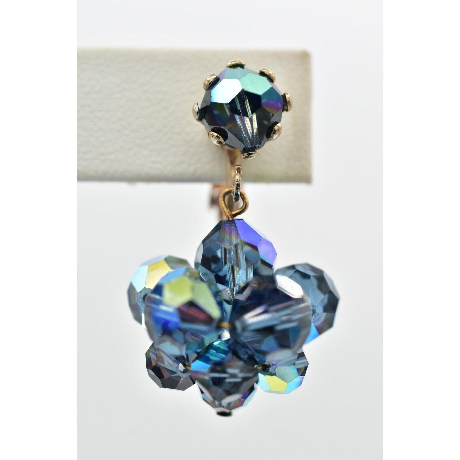Laguna Vintage Clip On Crystal Earrings Dangle Navy Blue Drop Signed 1950s A24