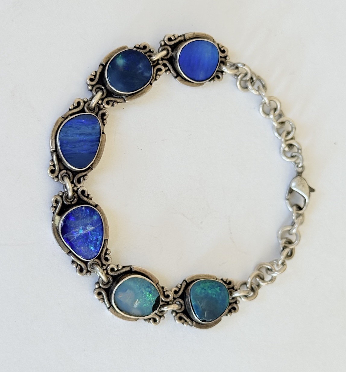Vintage Sterling Silver Blue Australian Opal Link Bracelet 7”
