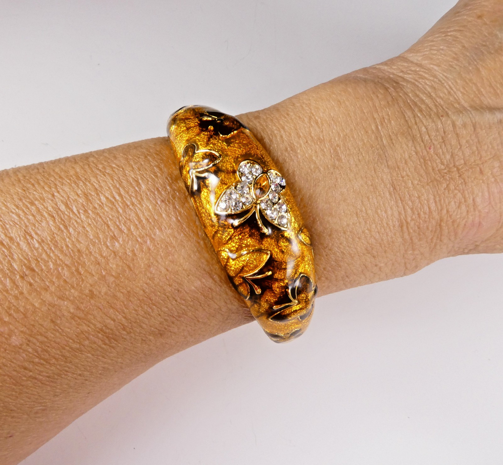 Bracelet & Earrings SET Orange Enamel Crystal Butterfly Fall Colors Signed FL