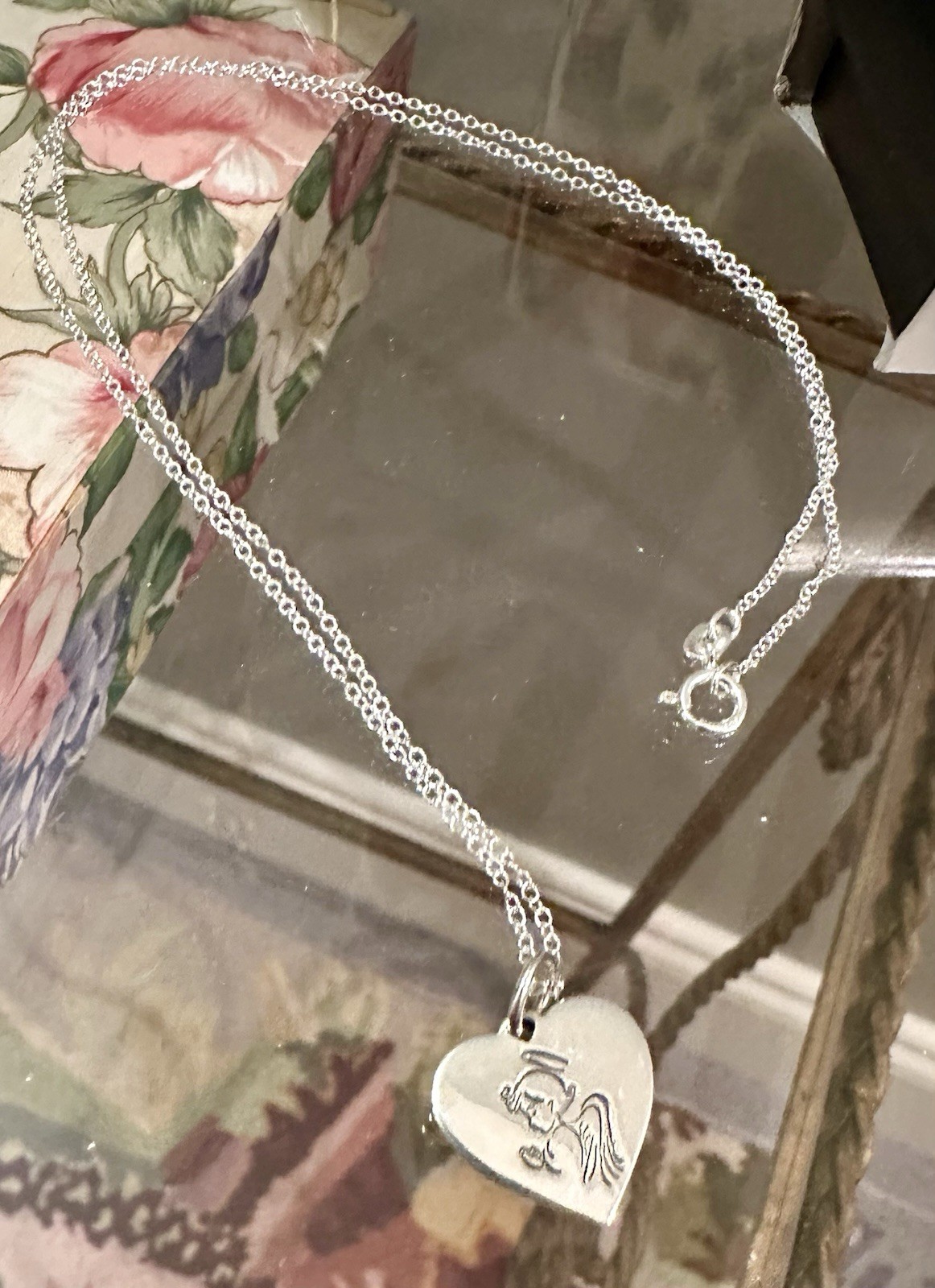 Vintage NIB Avon 925 Sterling Silver Blessed Guardian Heart Necklace 18” RJ