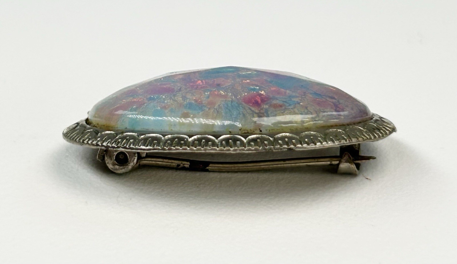 Antique Sterling Silver Oval Glass Cabochon Faux Fire Opal Brooch Victorian