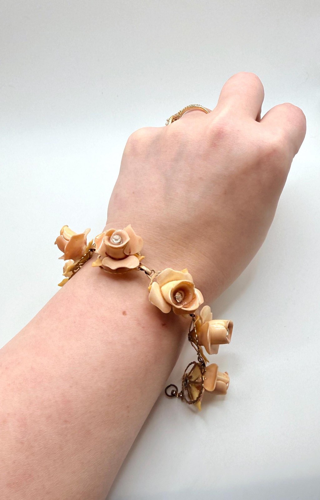 Vintage muted pink celluloid rose rhinestone bracelet