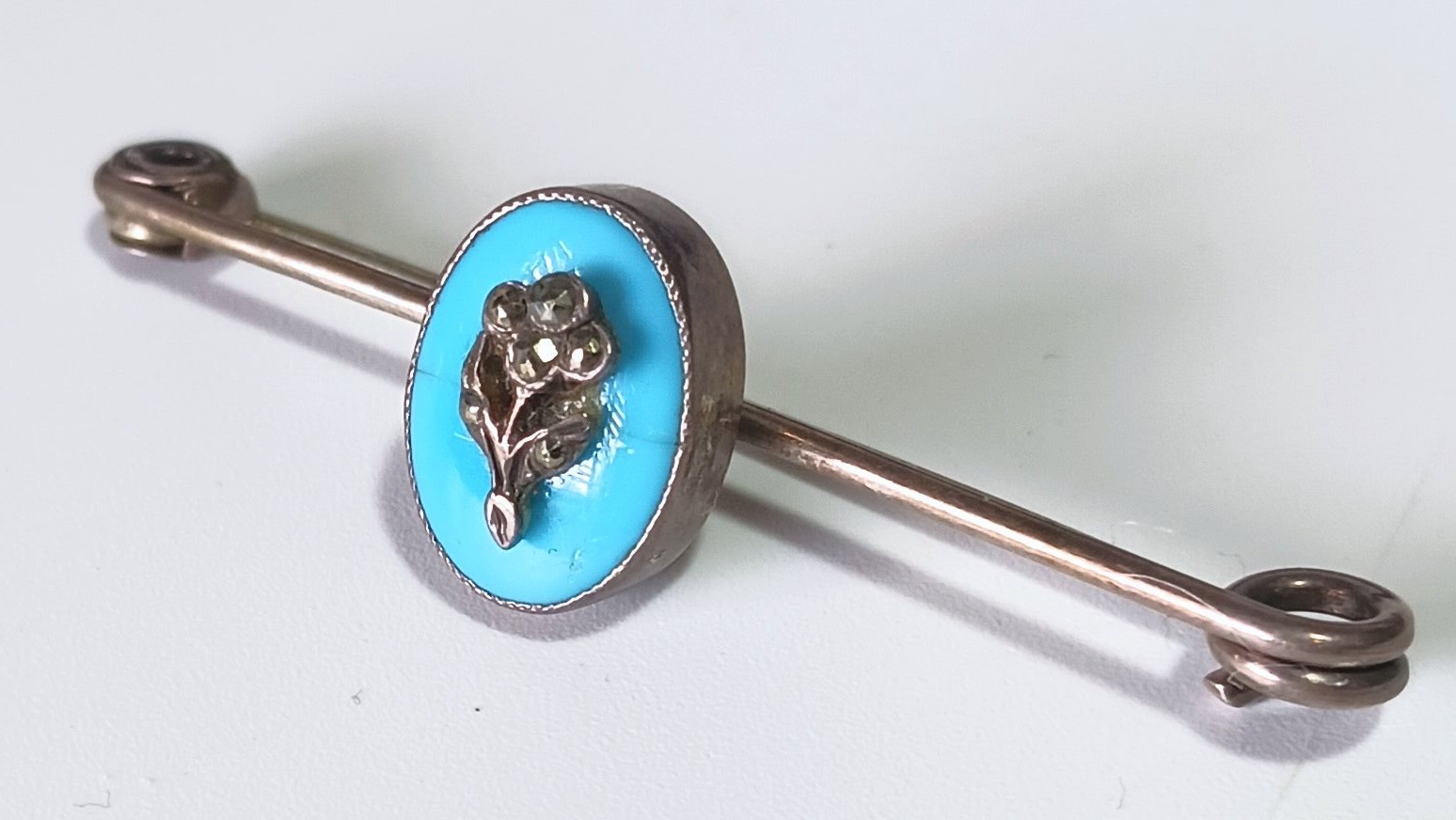 Hallmarked Antique Bar Pin: Turquoise Oval Stone w Marcasite Flower Bouquet