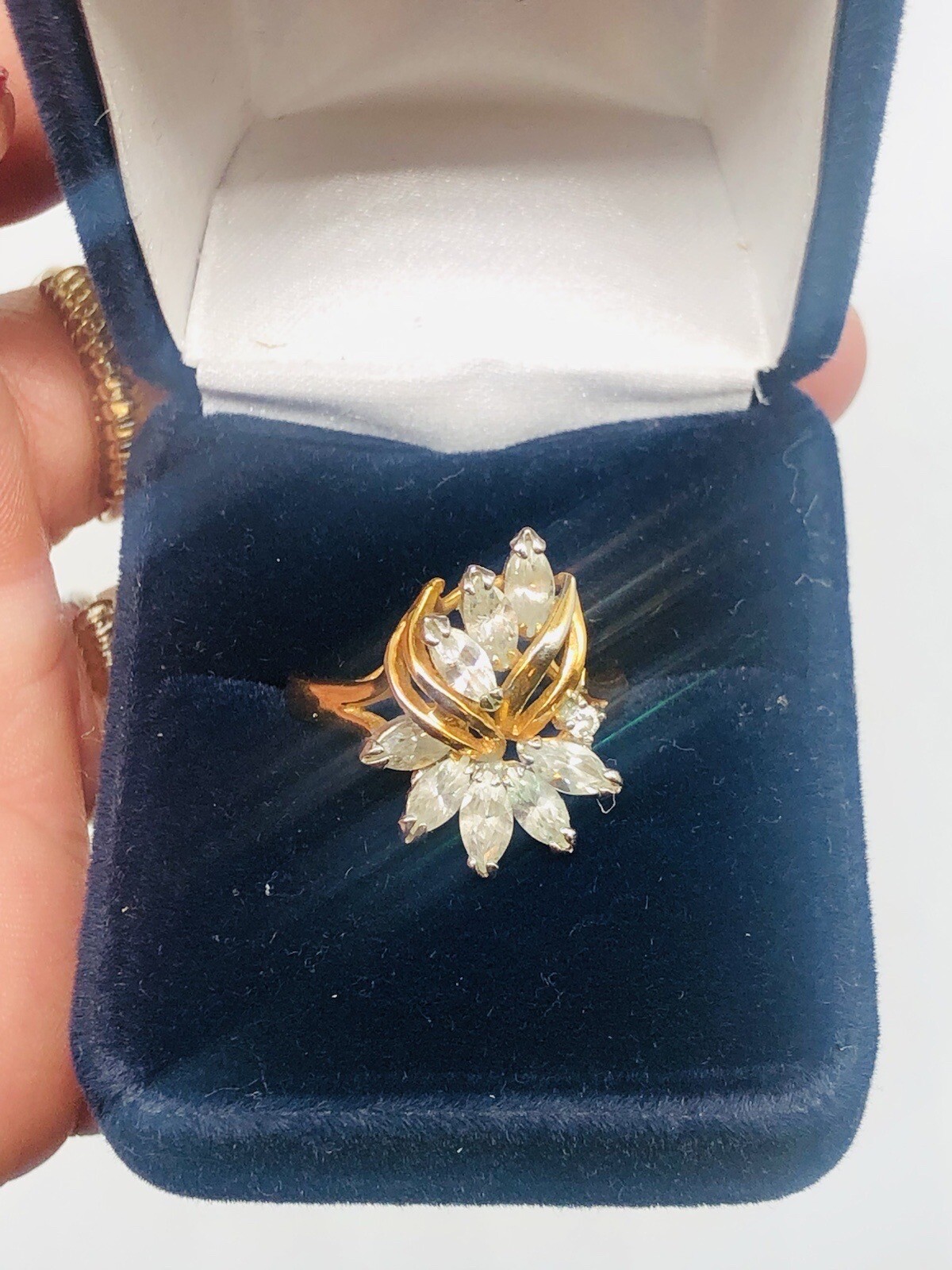 Vtg 14K GE Clear Glass Rhinestone Cocktail Ring Sz 8.75