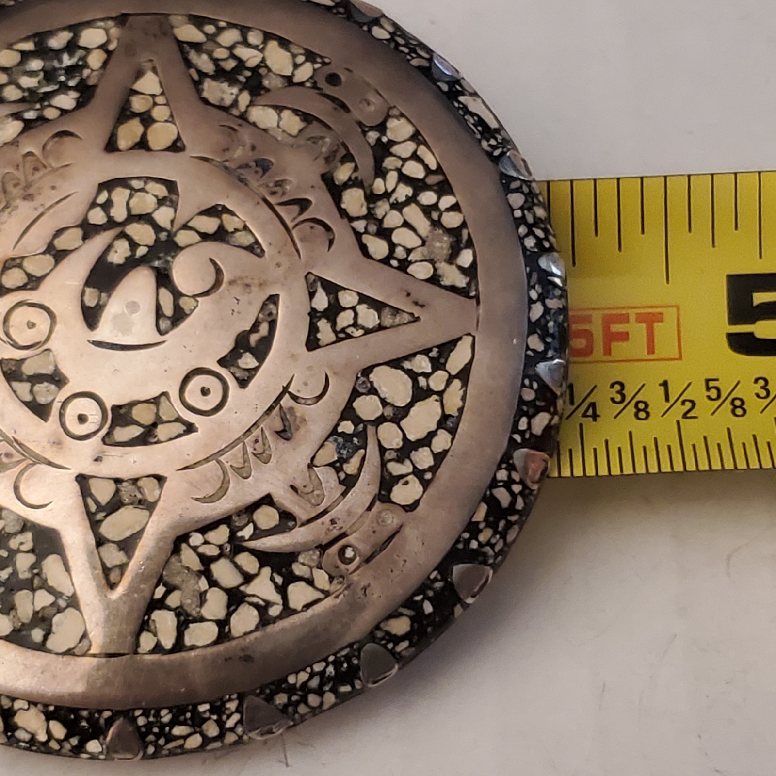 Sterling Silver Pin/Pendant Large 2 1/4″ Mexico Aztec Style with Chip Inlay 22 g