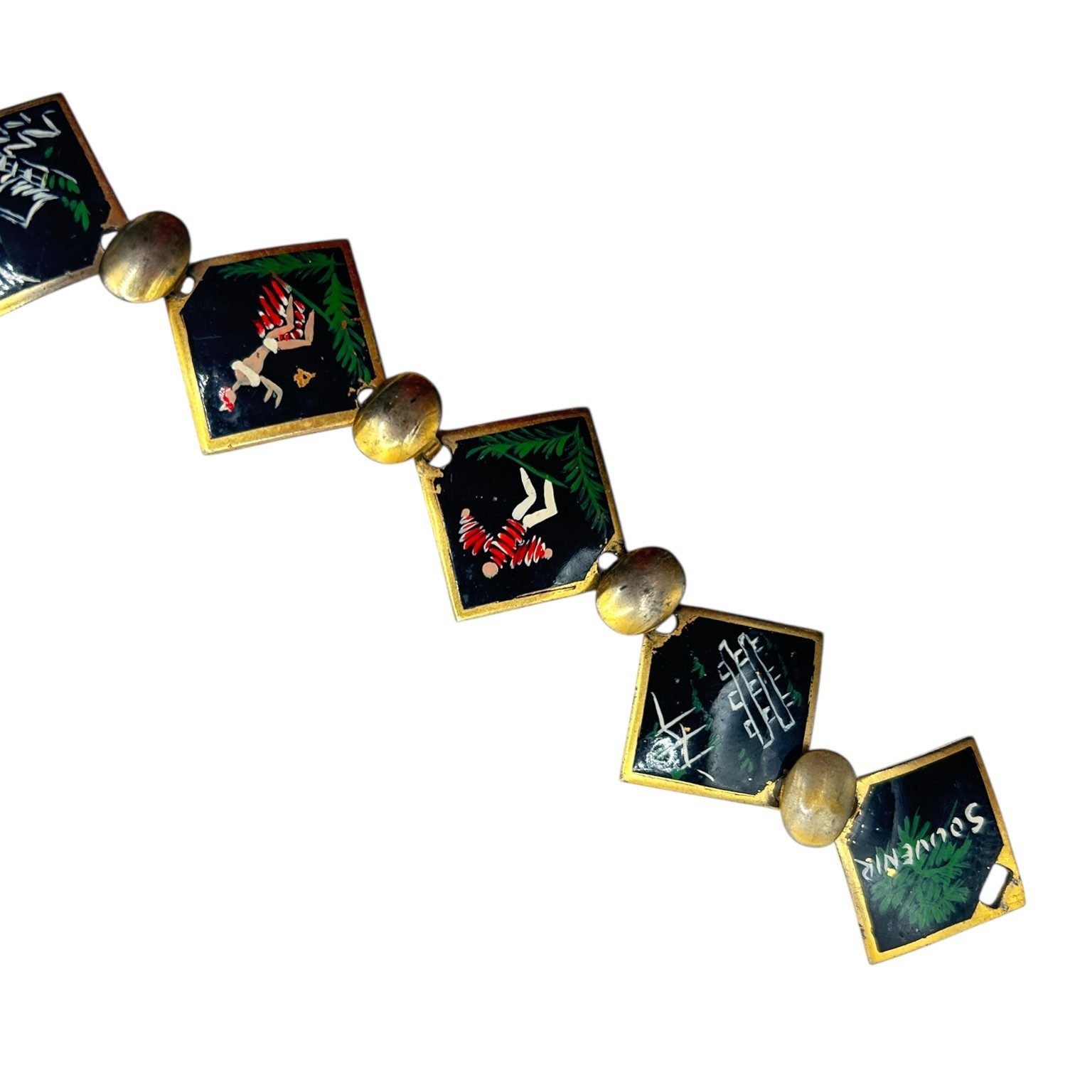 Vintage 1940s 50s Hawaii Hand Painted Brass Panel Souvenir Bracelet Tiki Hula
