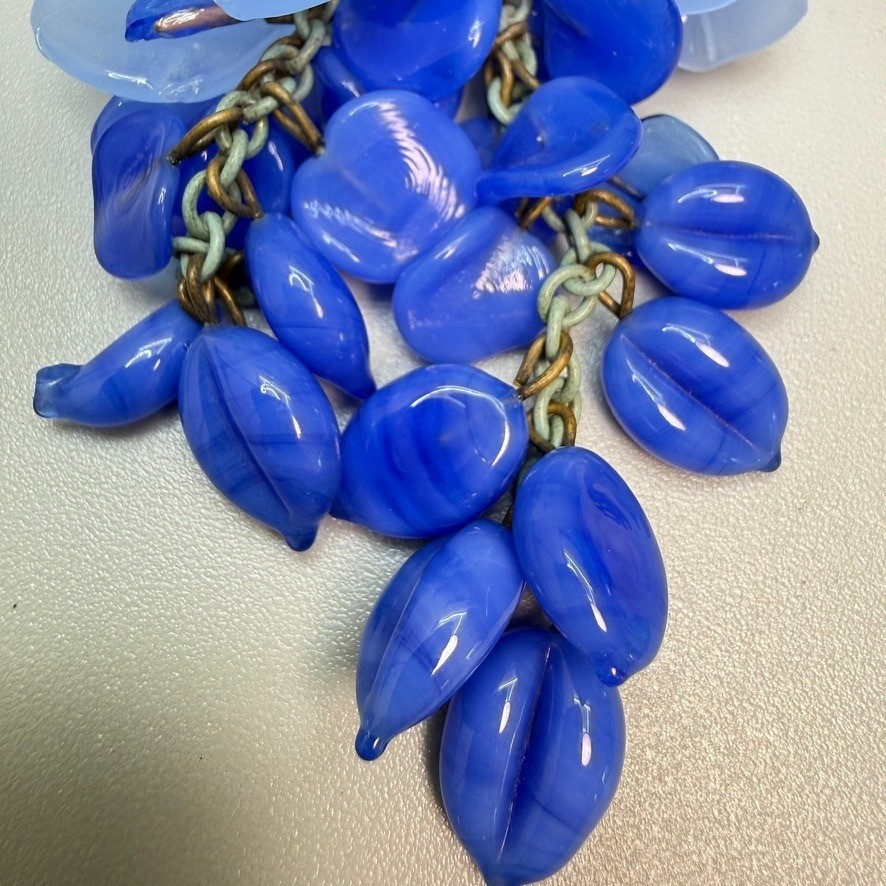 Miriam Haskell Book Piece Vintage Blue Glass Bead Floral Tassel Dress Clip READ