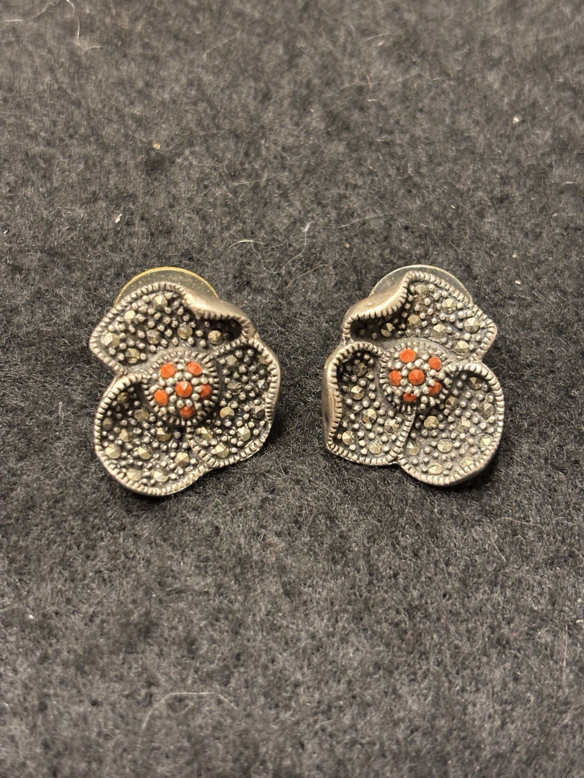 DARLINGVINTAGE STERLING 925 CORAL MARCASITE FLOWER EARRINGS *9.3 g*