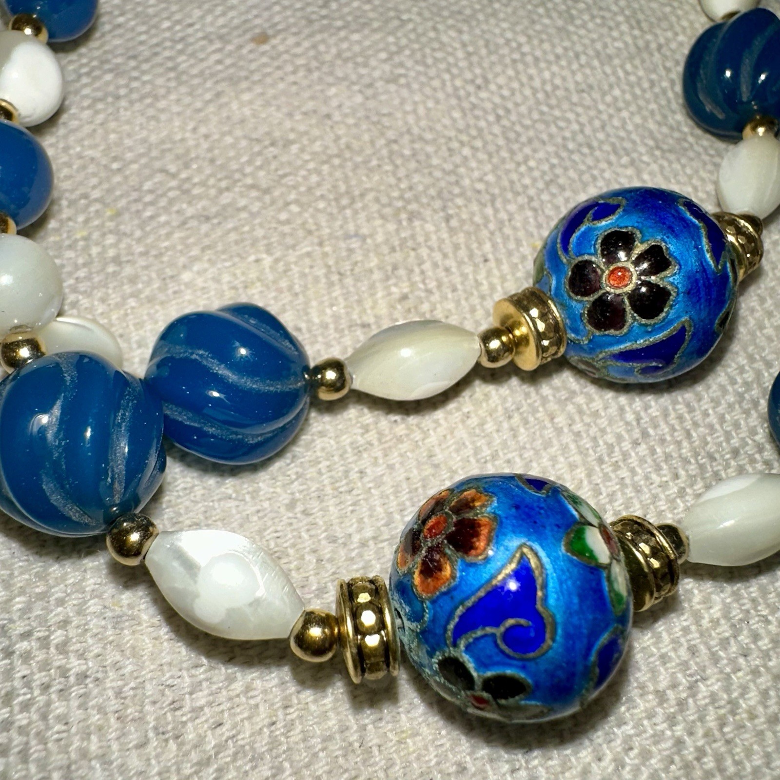 36” Vtg Cloisonné Pendant Tassel Beaded Necklace Mother Of Pearl Chinoiserie