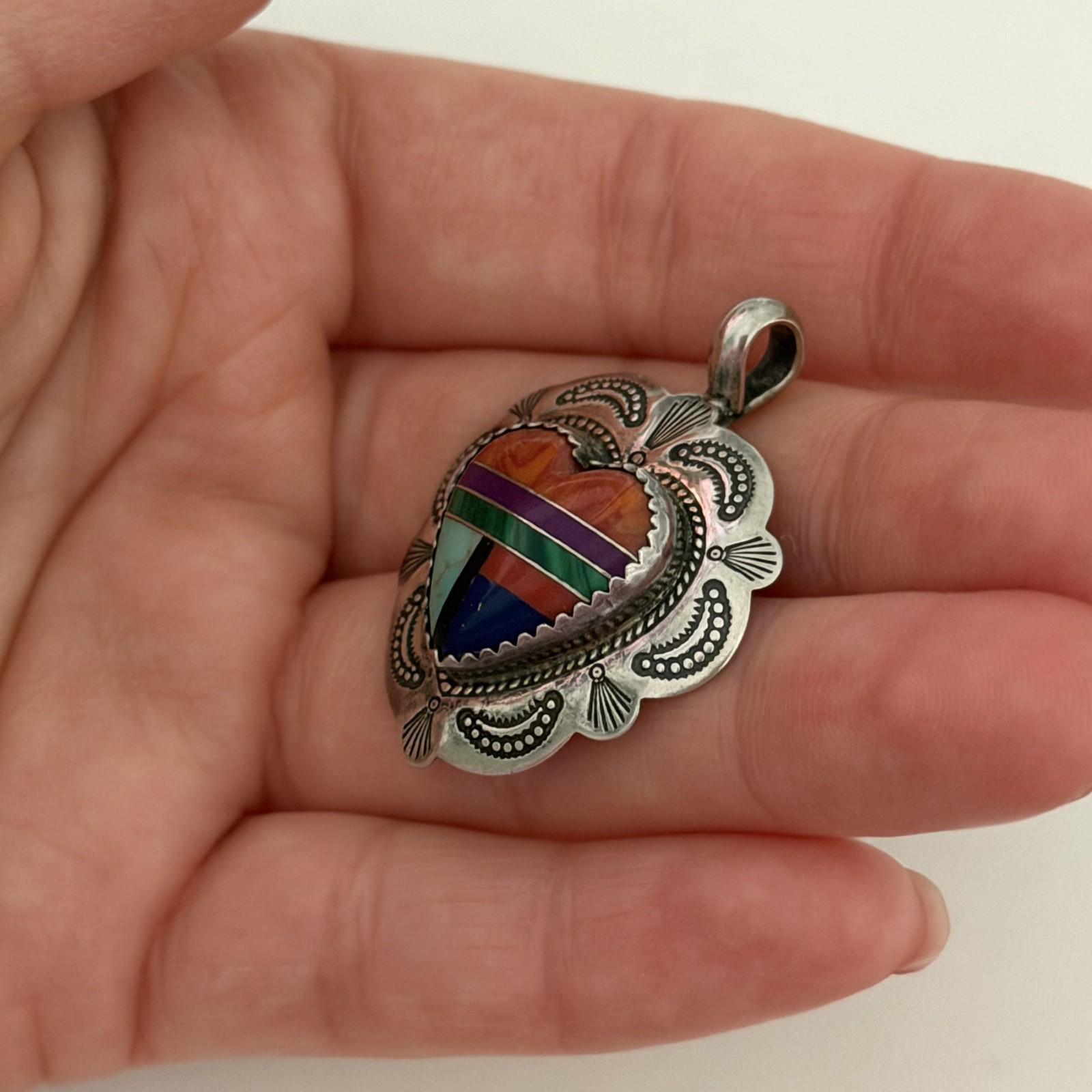 Vintage QT Sterling Native American Multi Gemstone Inlay Heart Southwest Pendant