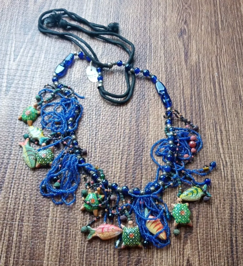 Vtg Boho Necklace Hand Painted Fish Turtles Intricately Beaded Looped Dangles