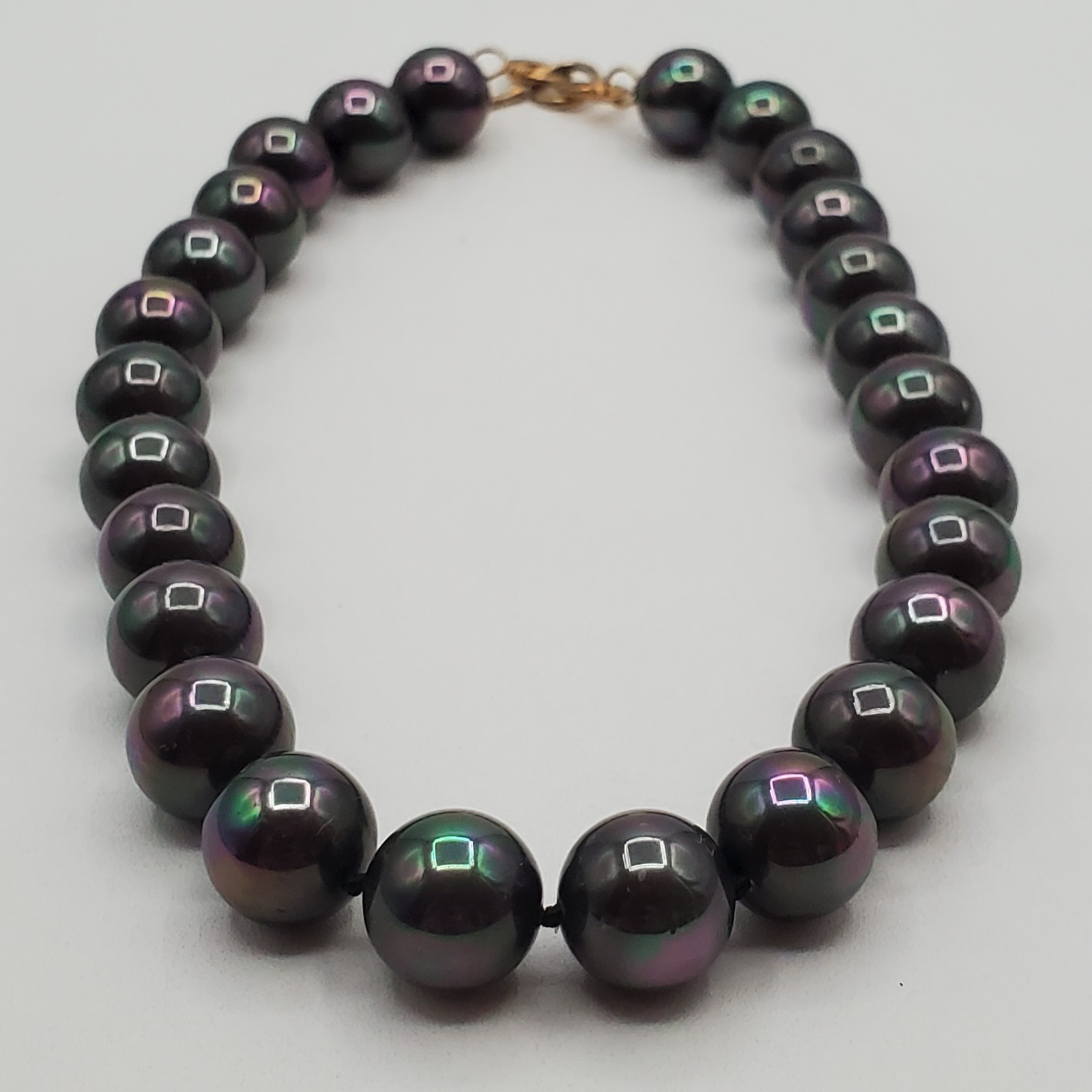 VTG 925 Vermeil Peacock Faux Pearl Necklace 12mm Gray Green Purple Hand Knotted