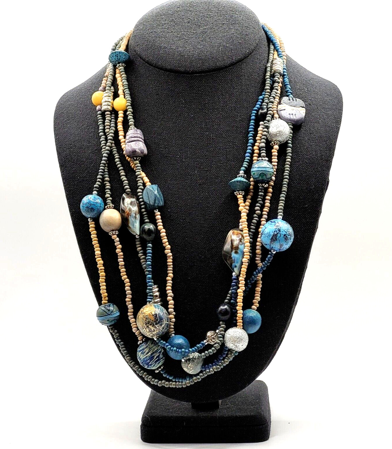 Peacock Blues Silver Tone Multi Strand Unique Bead Styles Vintage Necklace 24 In