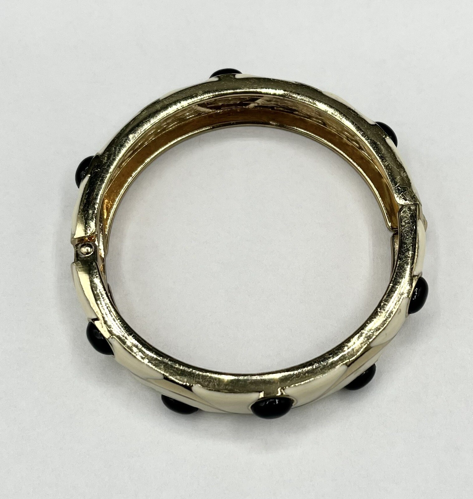 1980’s Enameled Bracelet Costume Jewelry Ivory Black Gold Tone Bangle Clamper 3”