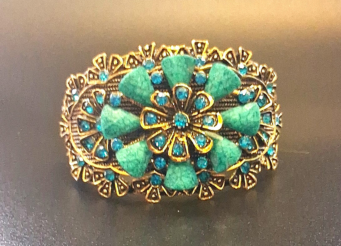 Victorian Style Filigree Cuff Bracelet Wide Blue Rhinestone Faux Turquoise