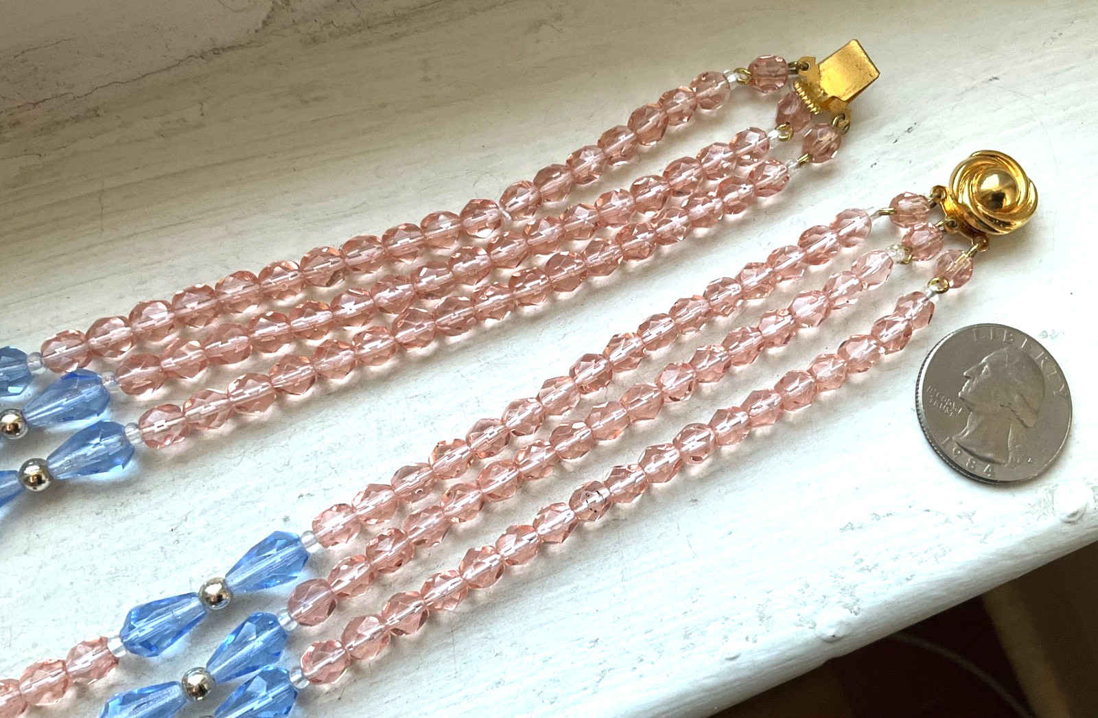 Vintage TRIPLE STRAND AUSTRIAN Blue Pink CRYSTAL GLASS BEADS FACETED