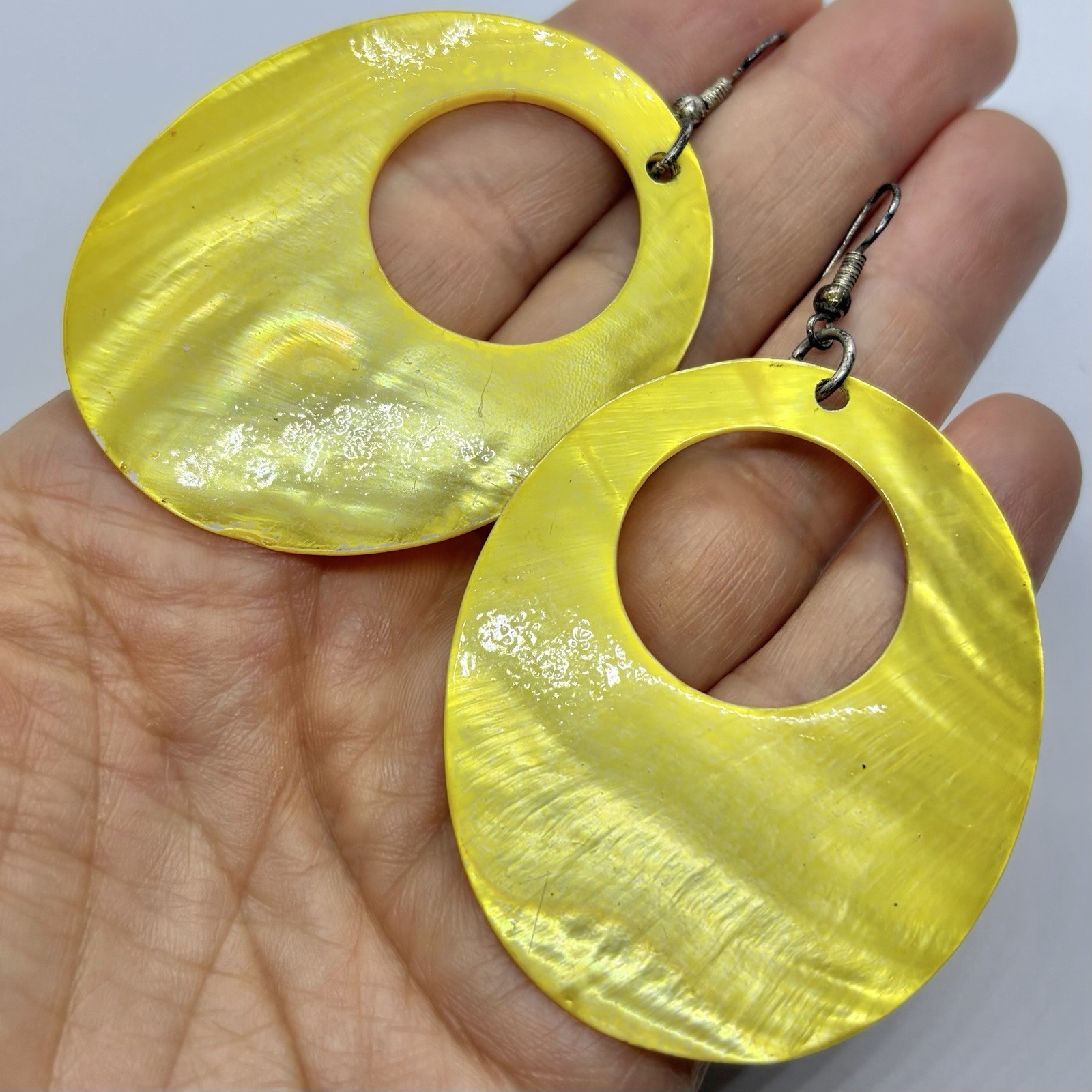 Vtg XL Yellow MOP Hoop Statement Dangle Drop Earrings Hook Large Runway Big
