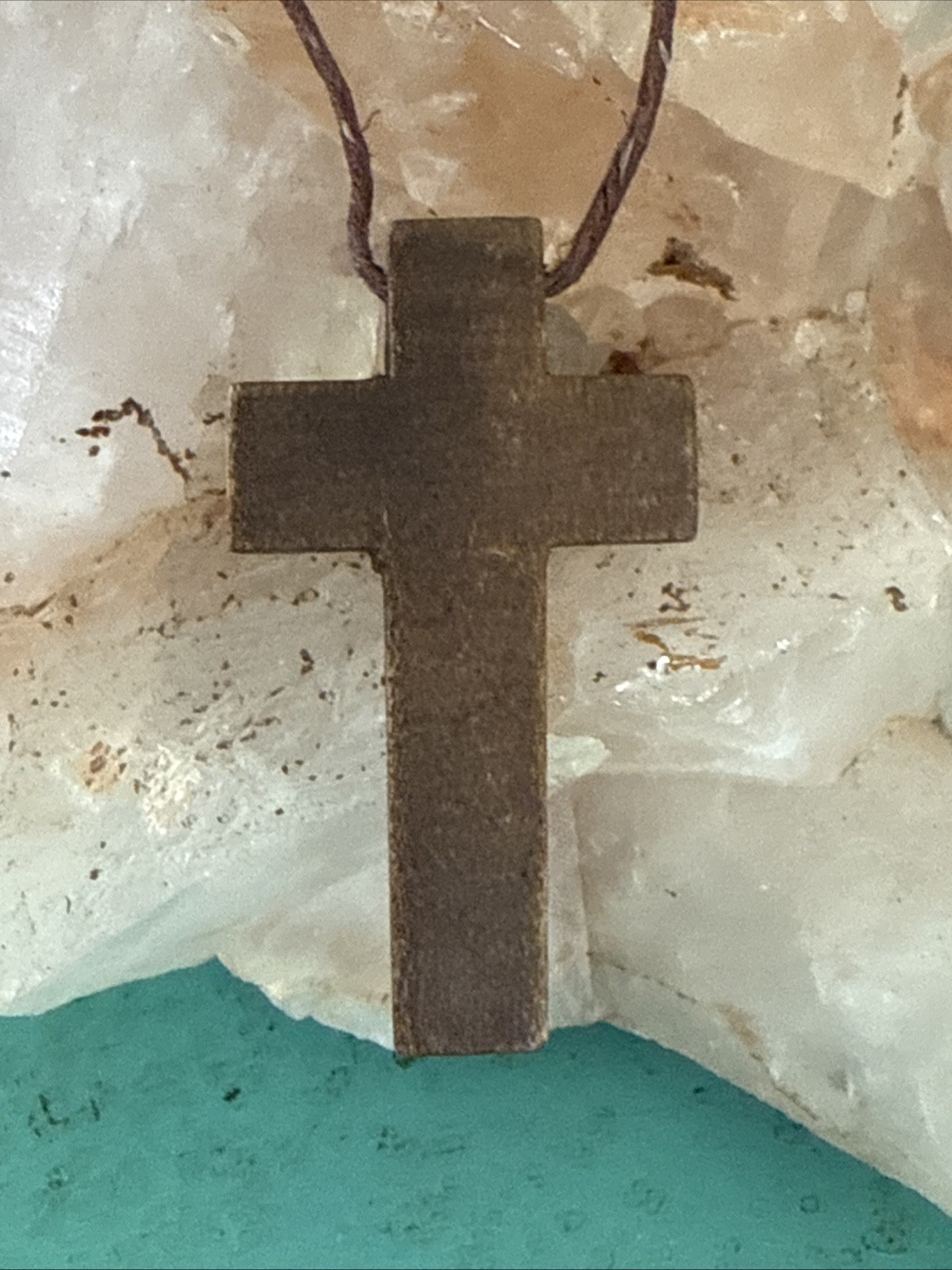 Vintage 80s Cross INRI Necklace Pendant Rosary OLIVE WOOD Hemp Cord COLLECTIBLE