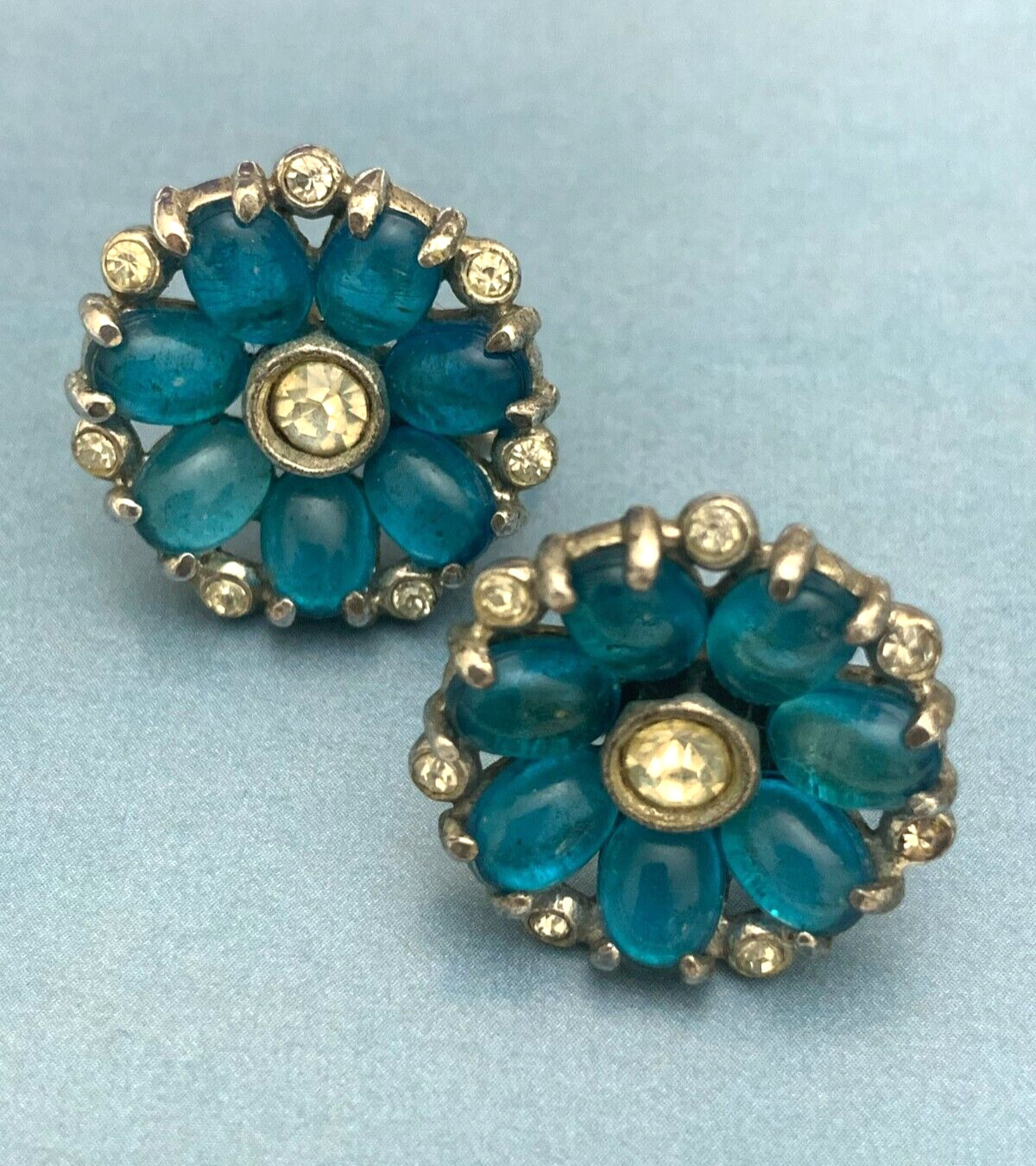 Vintage Sterling Silver 925 Earrings Gripoix Blue Glass Cabochons Screw Back
