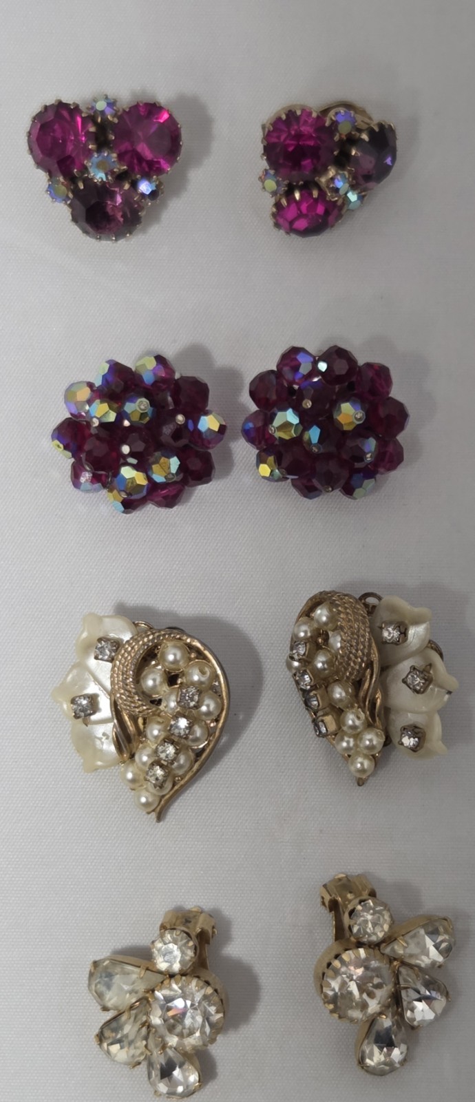 Vintage Rhinestone Clip-On Earrings, Stylish, Lot of 4 In Miriam Haskell Style