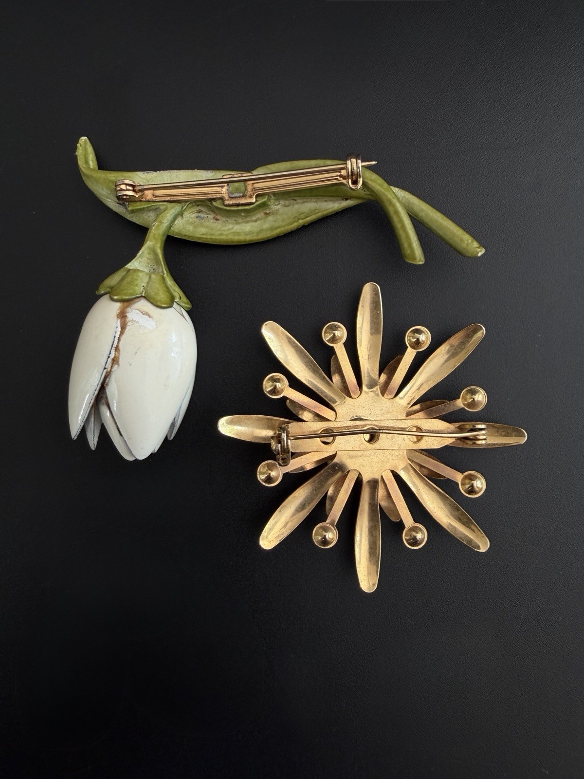 Vtg Flower Brooch Lot Green White Enamel Rhinestone Starburst Tulip Botanical