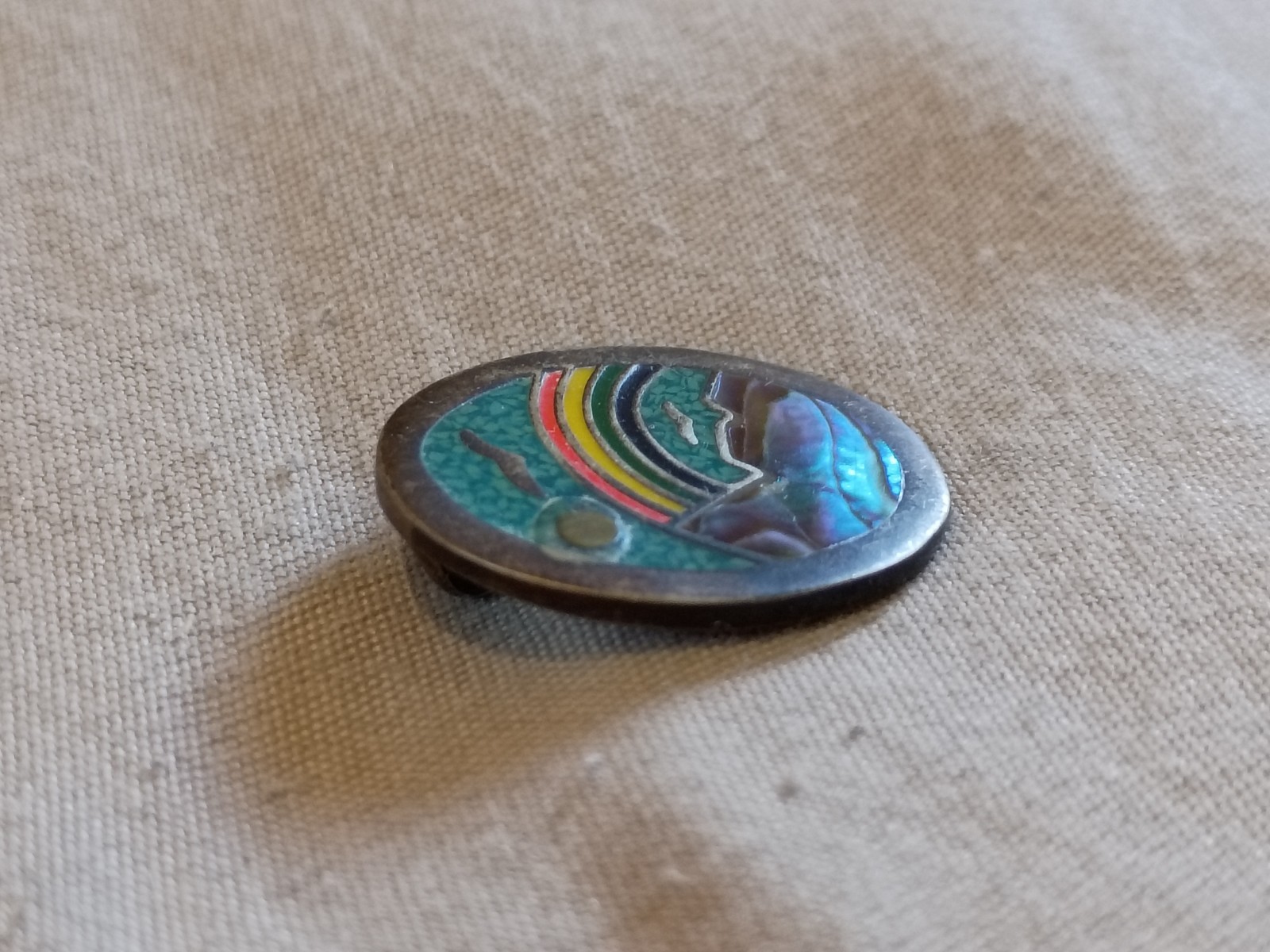 Vintage Abalone, Turquoise Chip Inlay, and Enamel Rainbow Pendant.