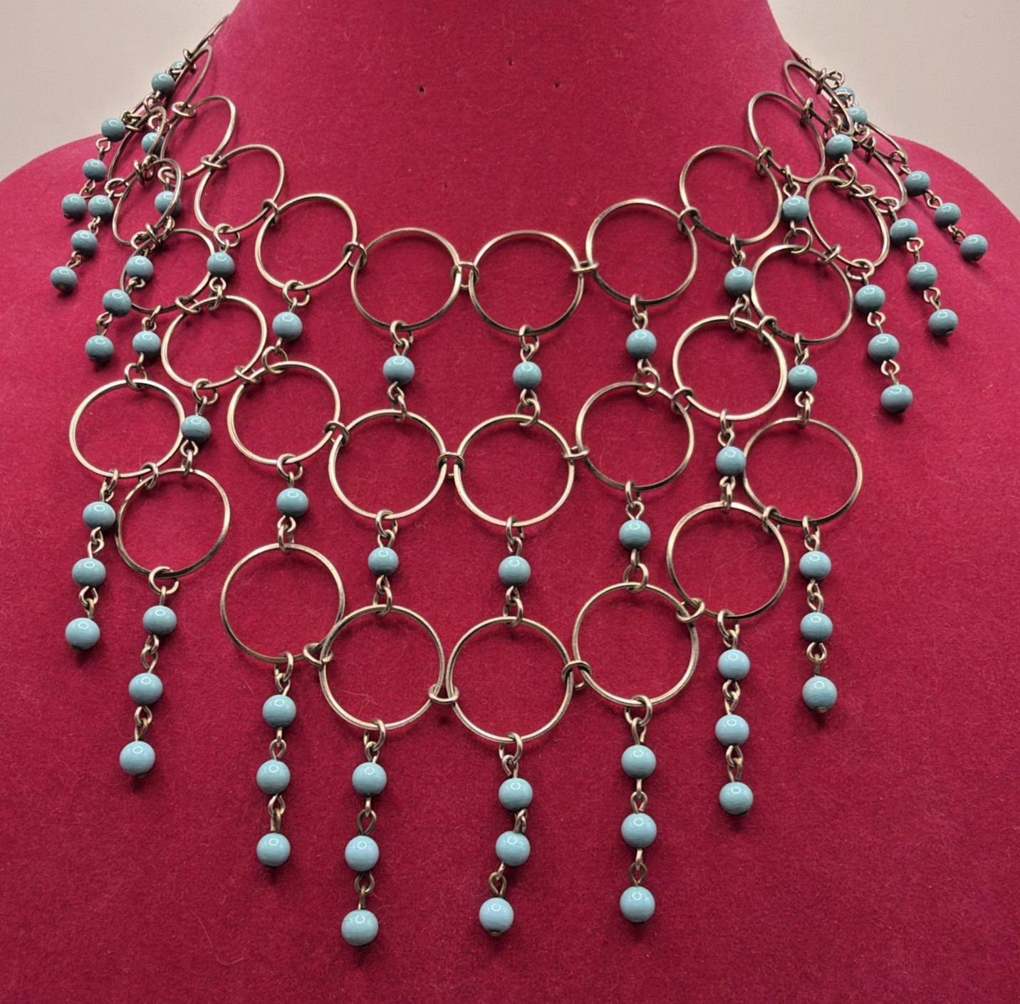 VTG Silver Tone w/ Turquoise Glass Beads Fringe 16″ Bib Necklace Statement