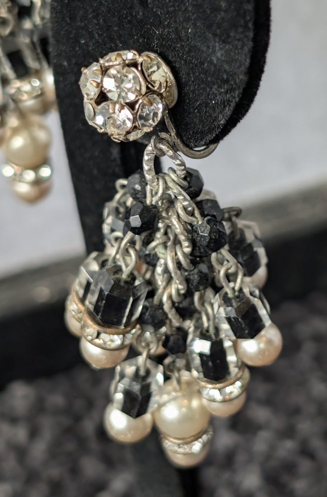 Vintage Vendome? Black & Clear Givre Glass Czech Beads Chandelier Clip Earrings