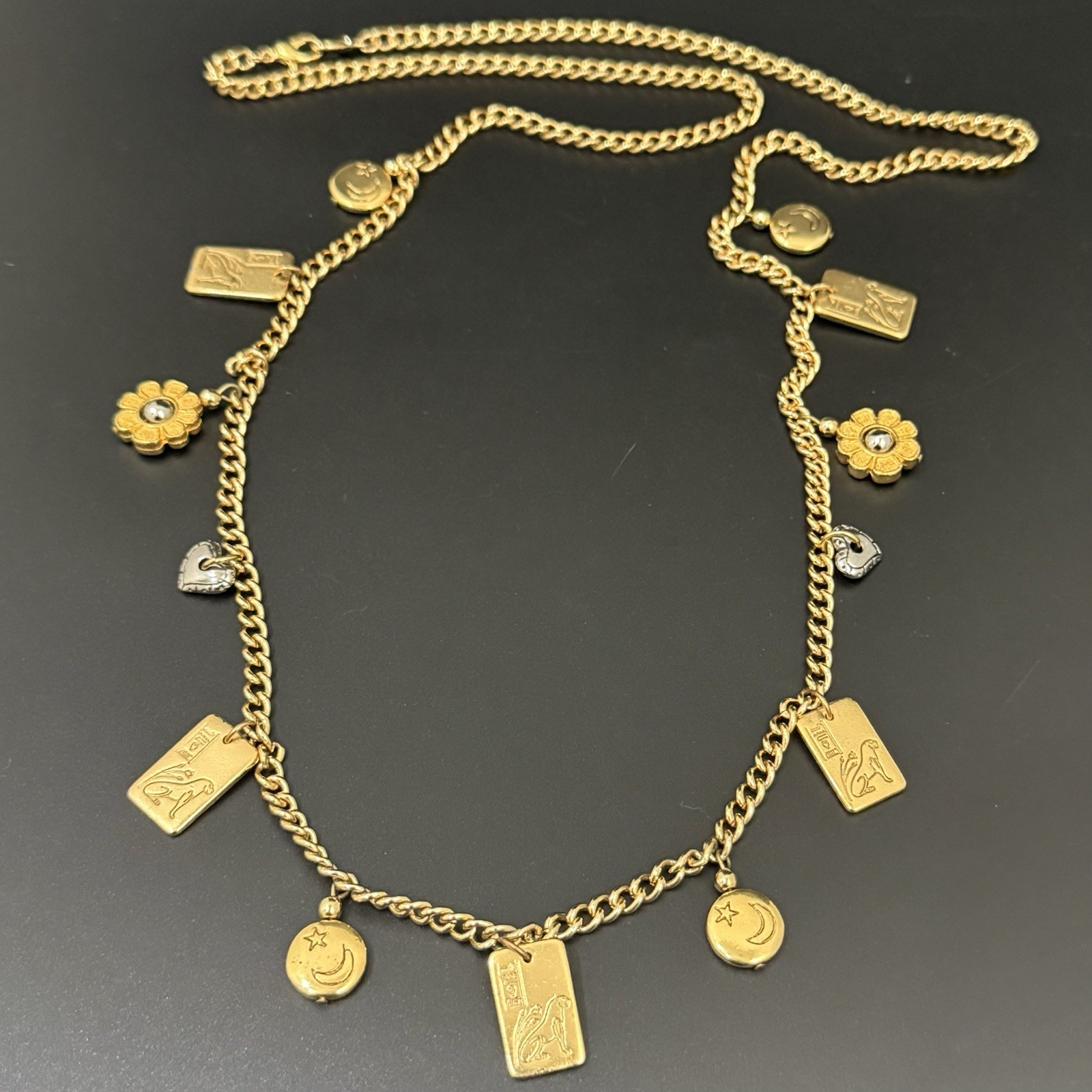Vintage LCI Liz Claiborne Gold-tone Tarot Flower Star Moon Charm 38”Necklace 83g