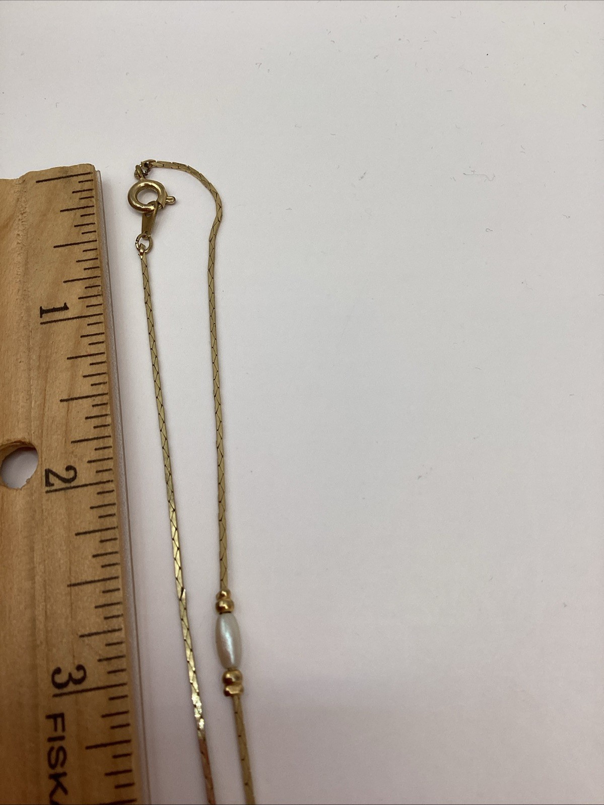 Vintage Gold Tone Bar And Link Station Necklace With White Faux Pearls 30in Long