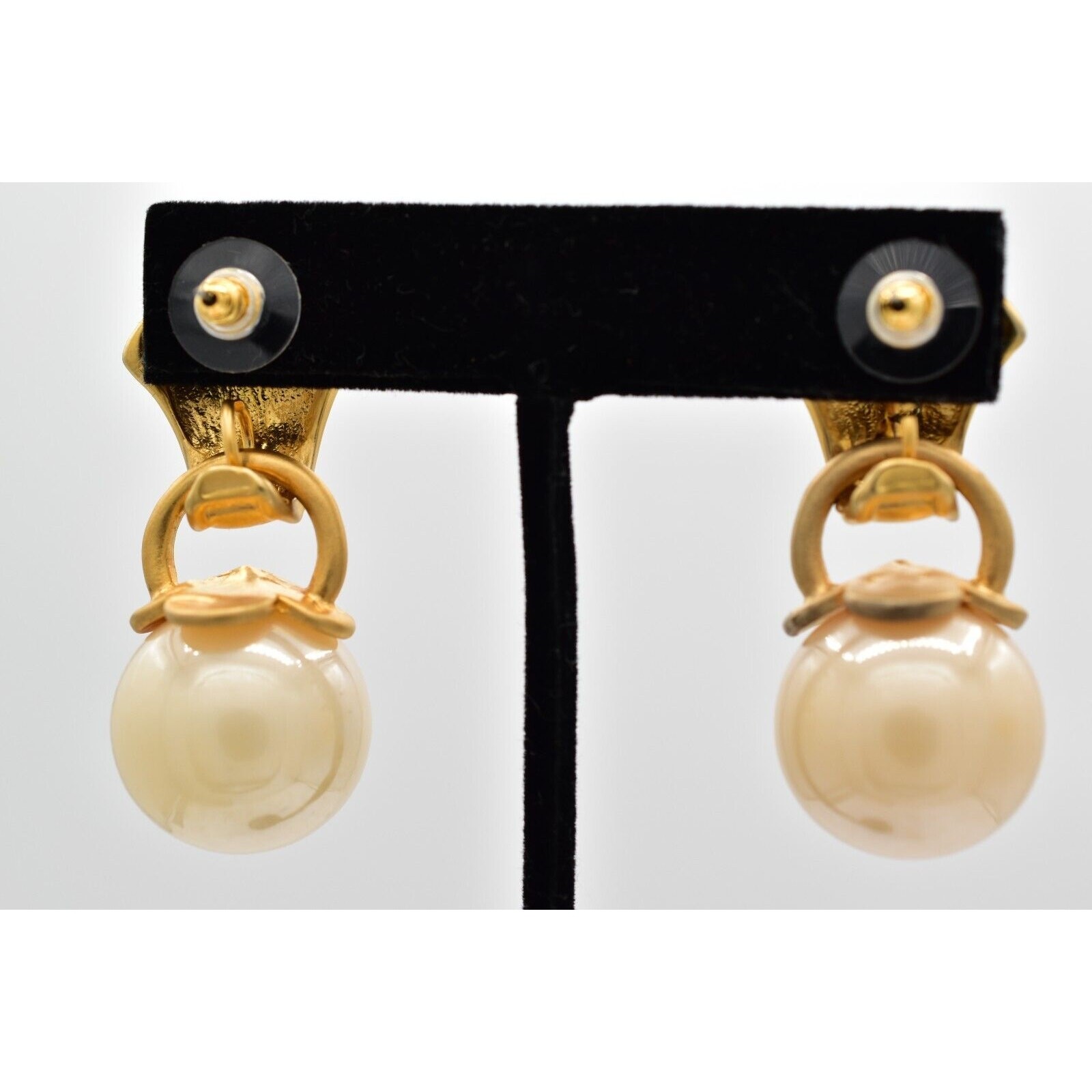 Vintage Dangle Earrings Faux Pearl Drop Brushed Gold Matte Chunky 1980s BinAK