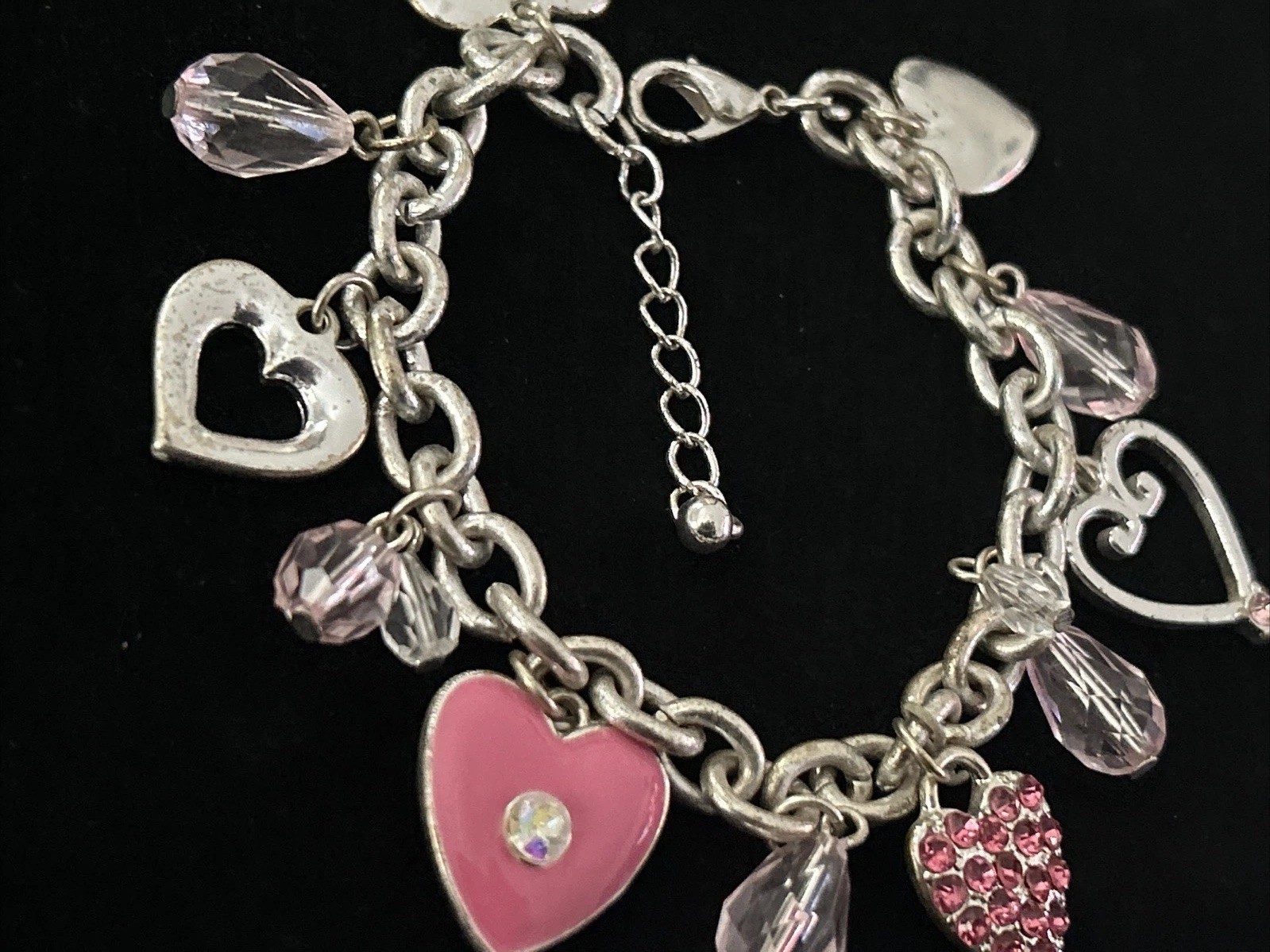 Vintage Silver Tone Heart Charm Bracelet Pink Rhinestone Dangle Lobster 8.5”Adj