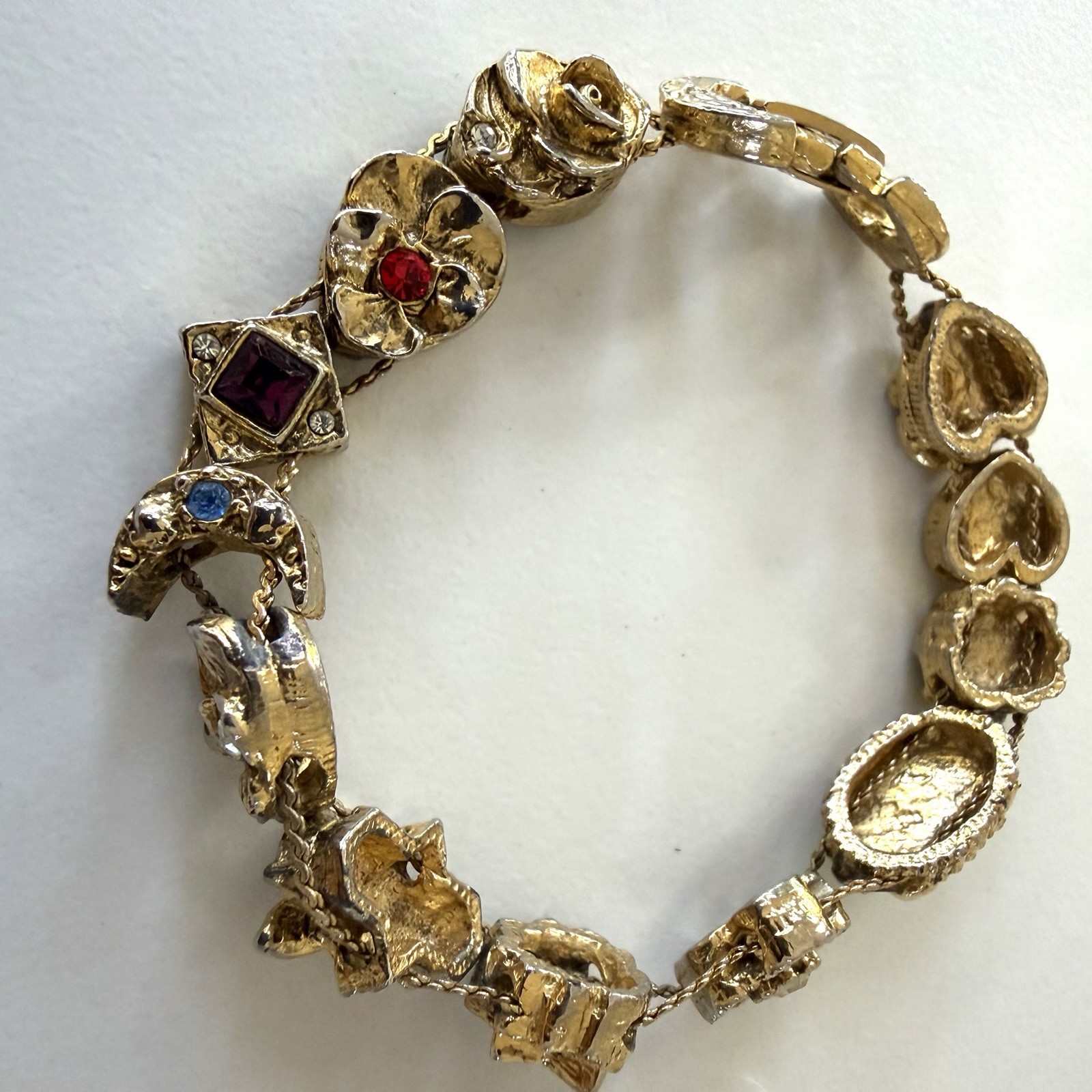Vintage Victorian Revival Slide Charm Bracelet Goldtone, Unsigned