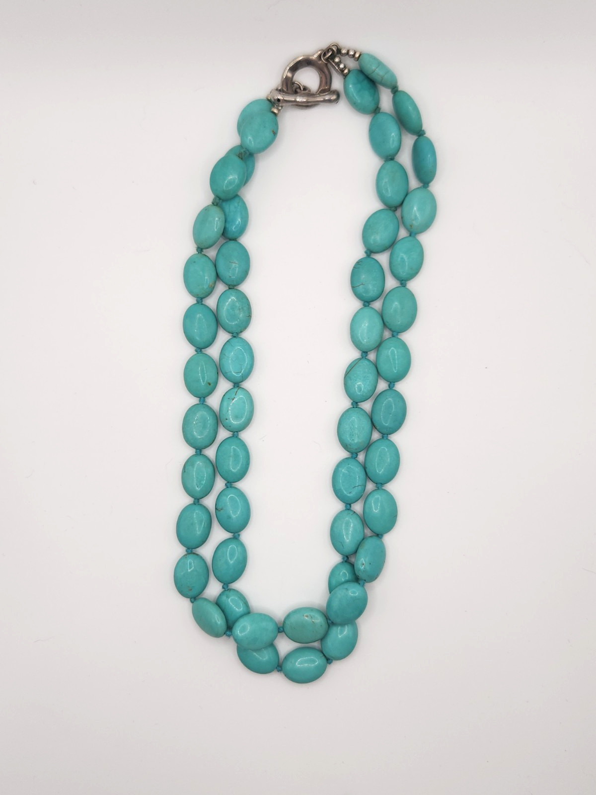Double Strand Turquoise Necklace Sterling 925 Silver Clasp Oval Beads Light Blue