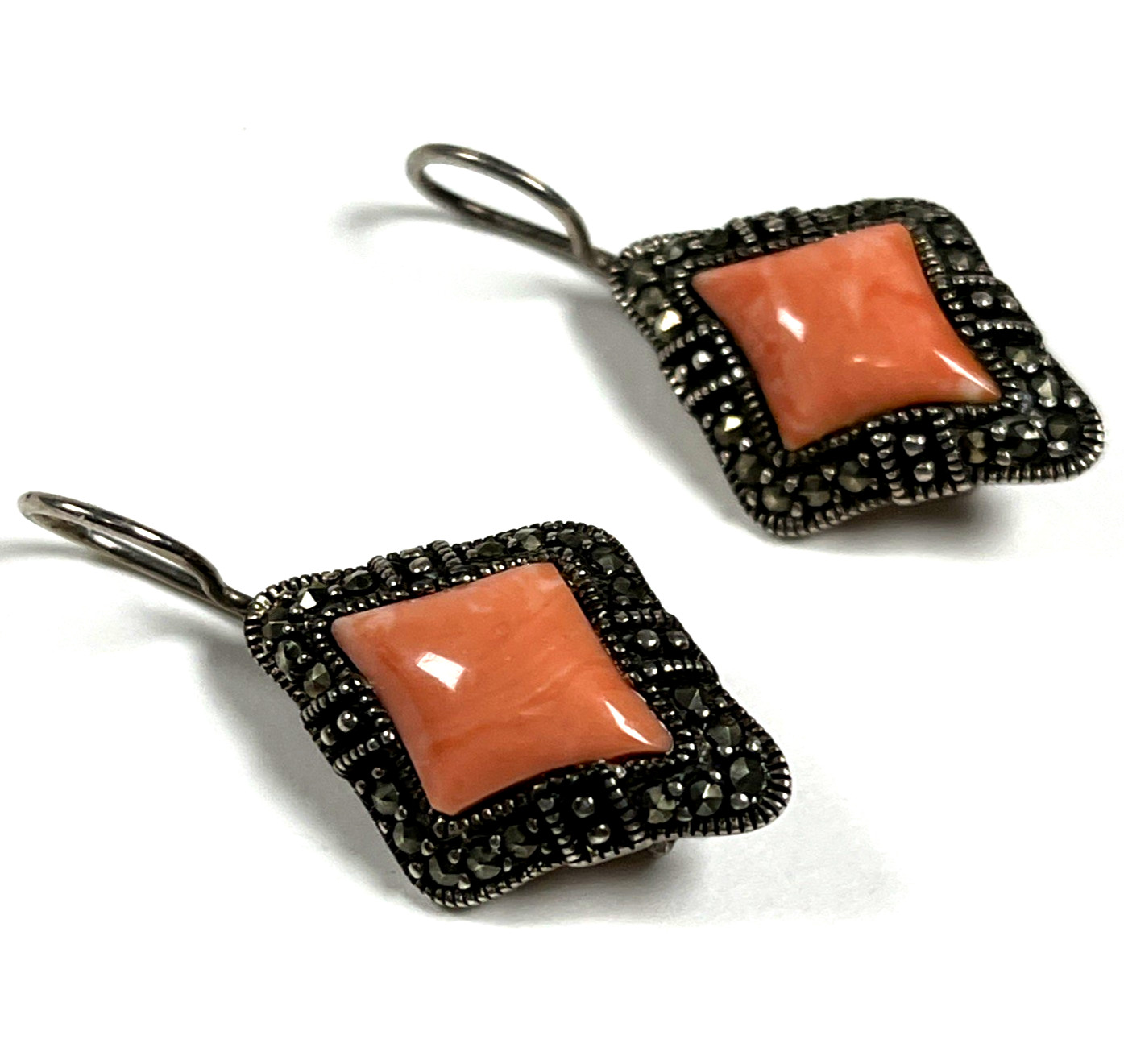 A 925 Vintage Sterling Silver 925 Marcasite Faux Coral Dangle Earrings 6.9g