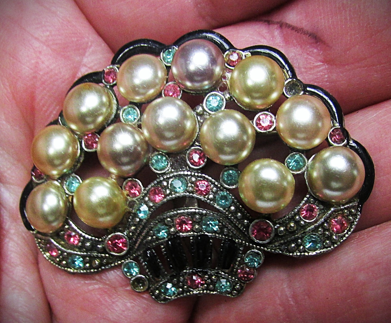 Art Deco New England Glassworks Basket Of Pearls, Enamel, Rhinestone Pin Brooch